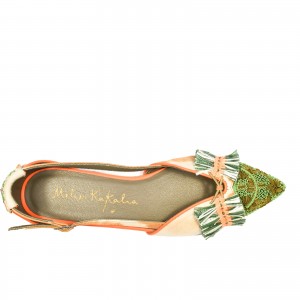 Greta Slingback in khaki, hand embroidered with dapka metal coils and eco Raffia. Sustainable, comfortable, and chic.