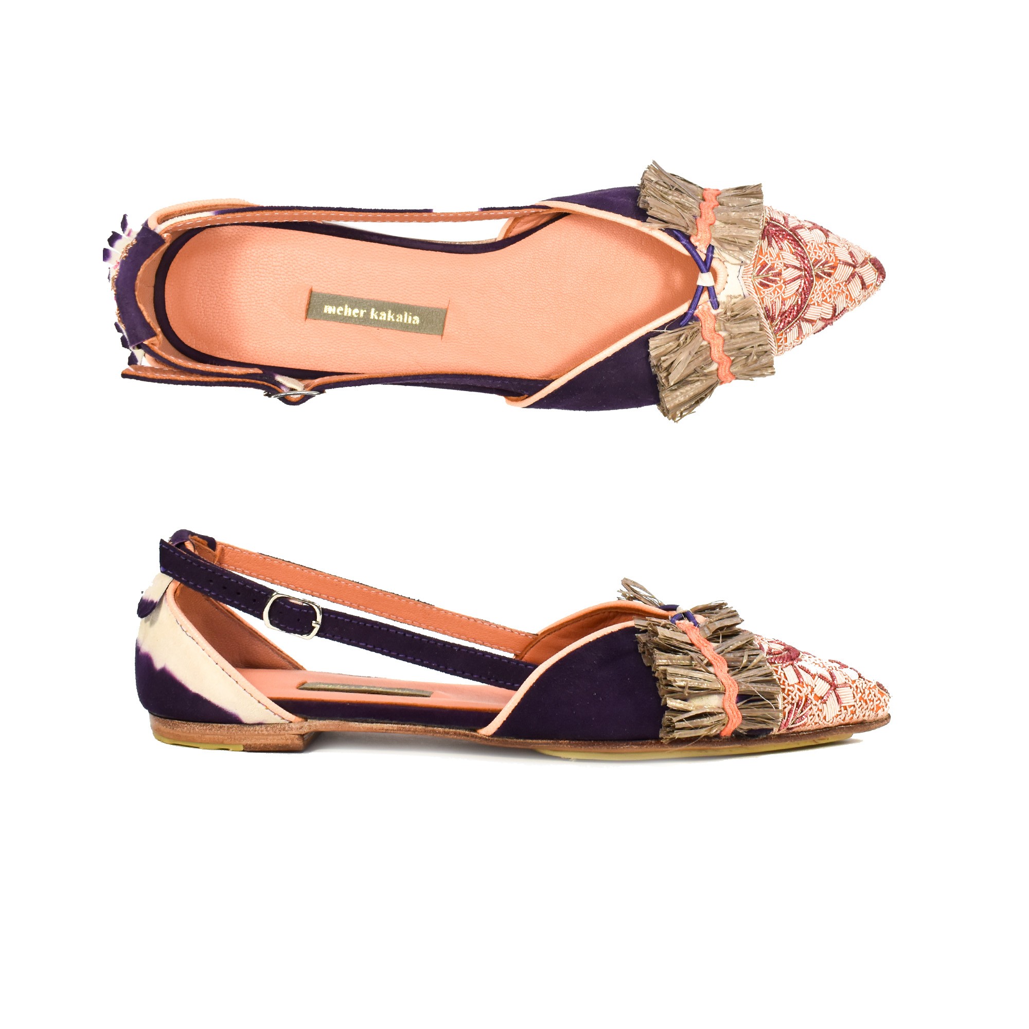 Meher Kakalia Greta Slingback purple-ivory, handmade with eco Raffia and dapka embroidery. Sustainable and elegant for any occasion.