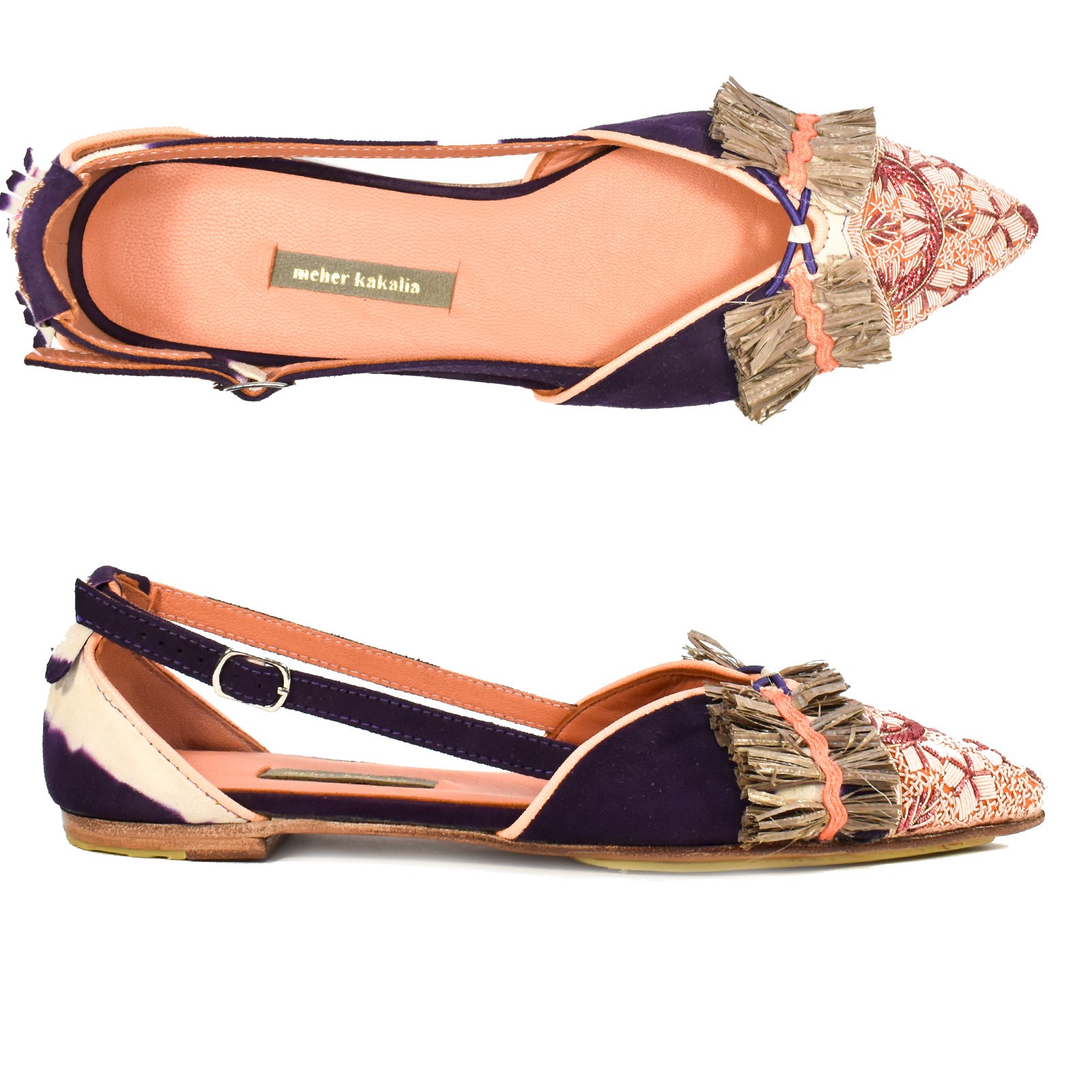 Greta Slingback purple-ivory, handmade with eco Raffia and dapka embroidery. Sustainable and elegant for any occasion.