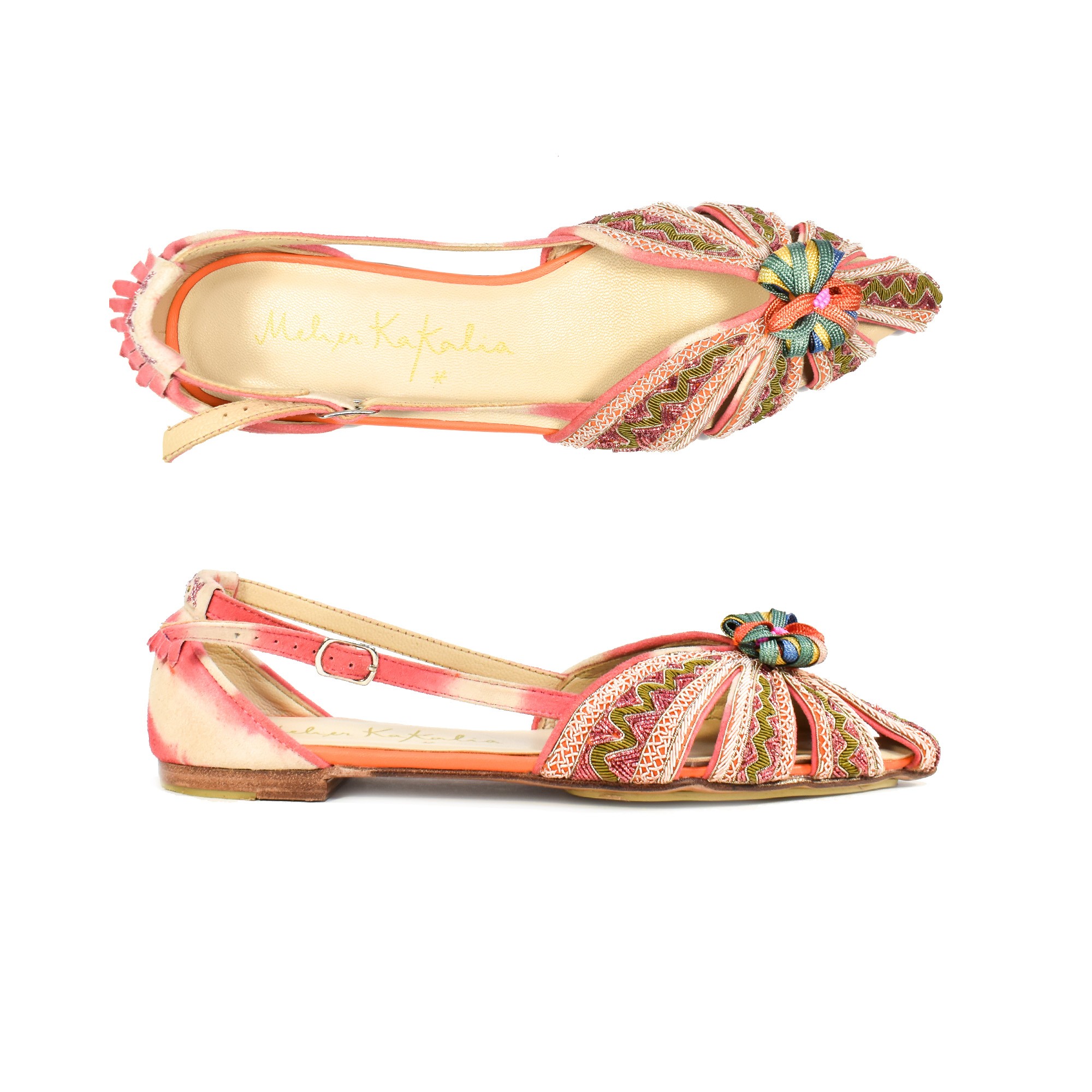 Meher Kakalia Meher Kakalia pink slingback flat, hand embroidered with coils, perfect for weddings, parties, or elegant events.