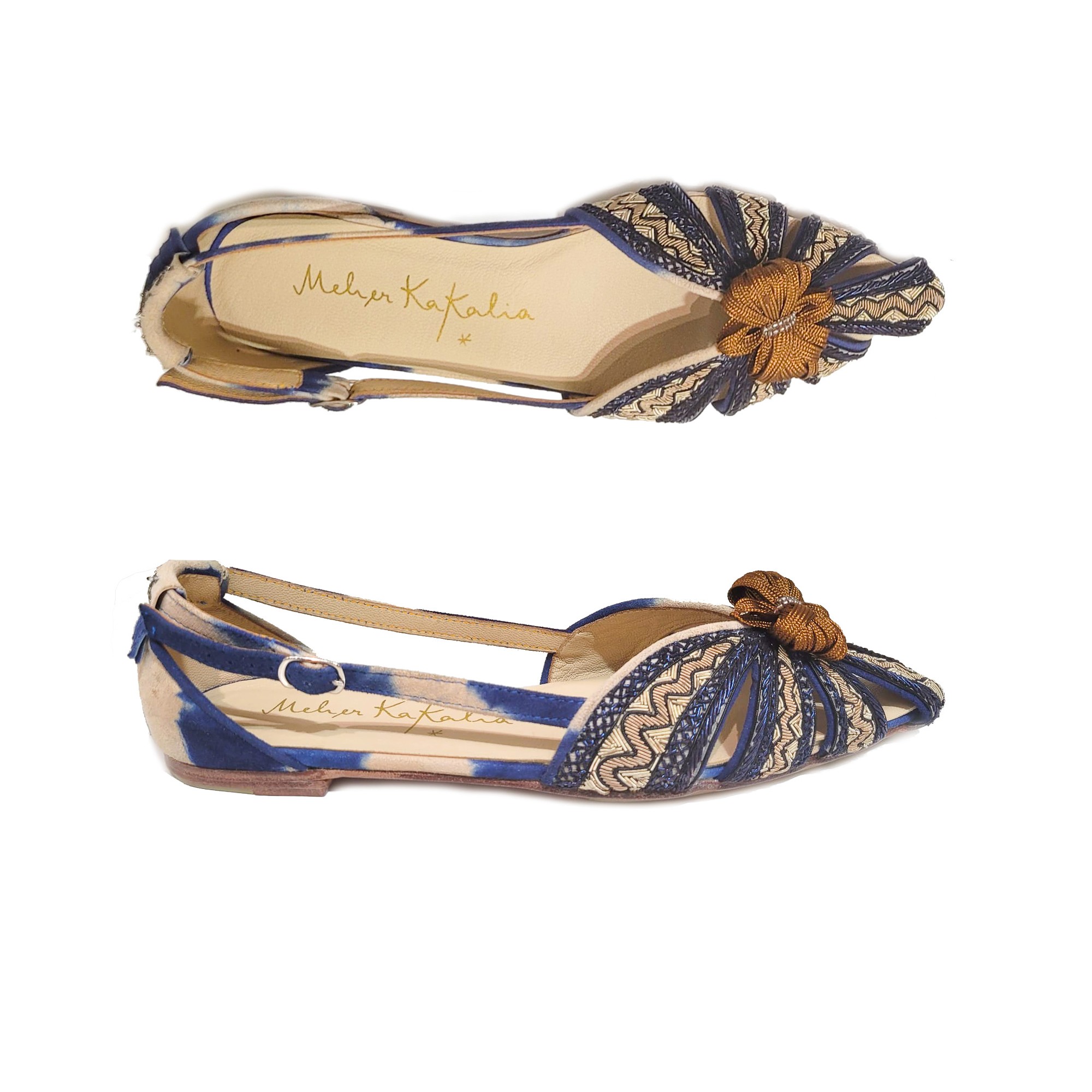 Meher Kakalia Beige navy embroidered slingback flat with intricate detailing, perfect for a summer garden party or a day out with friends.