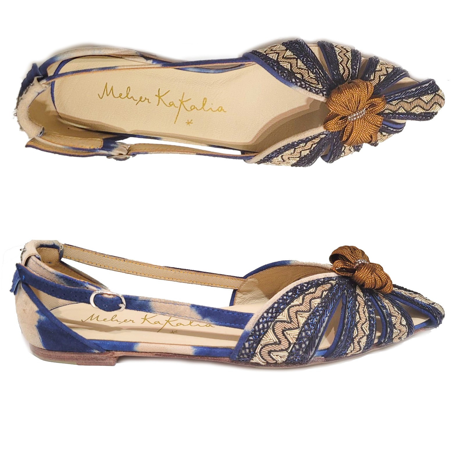 Beige navy embroidered slingback flat with intricate detailing, perfect for a summer garden party or a day out with friends.