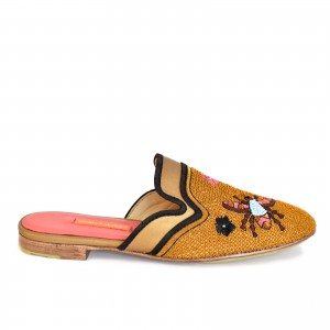 Eco-friendly flat slippers, hand embroidered with bees and flowers, great for summer parties or casual occasions.