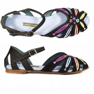 Meher Kakalia sandals, hand embroidered with fish motifs in black, perfect for your next summer getaway.