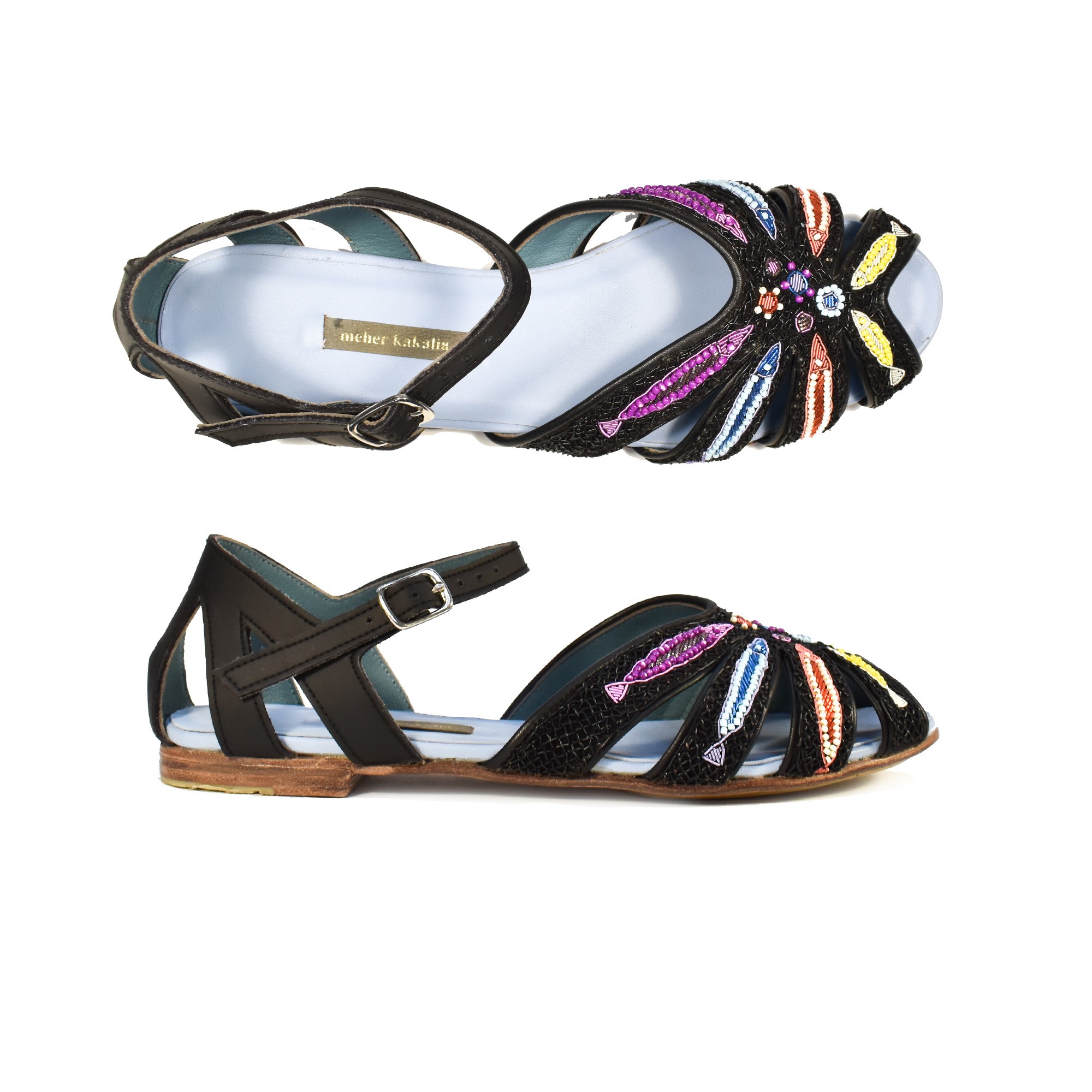 Meher Kakalia Meher Kakalia sandals, hand embroidered with fish motifs in black, perfect for your next summer getaway.