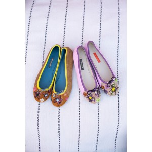 Sustainable Meher Kakalia Ballerinas with hand-embroidered bees and flowers.