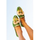 Meher KakaliaHand-embroidered leather RIO moccasins in Kelly Green with Raffia and bead details, perfect for summer.