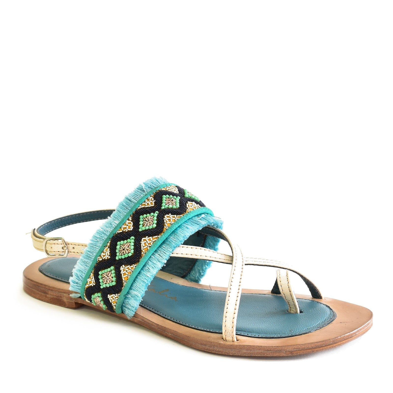 White sandals for women with embroidered strap and fringe detail