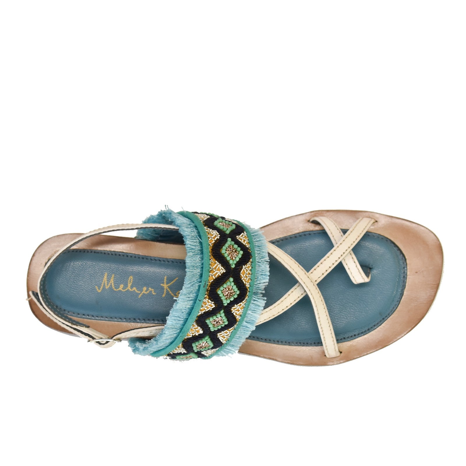 Women’s leather toe-ring sandals with beadwork and ankle strap