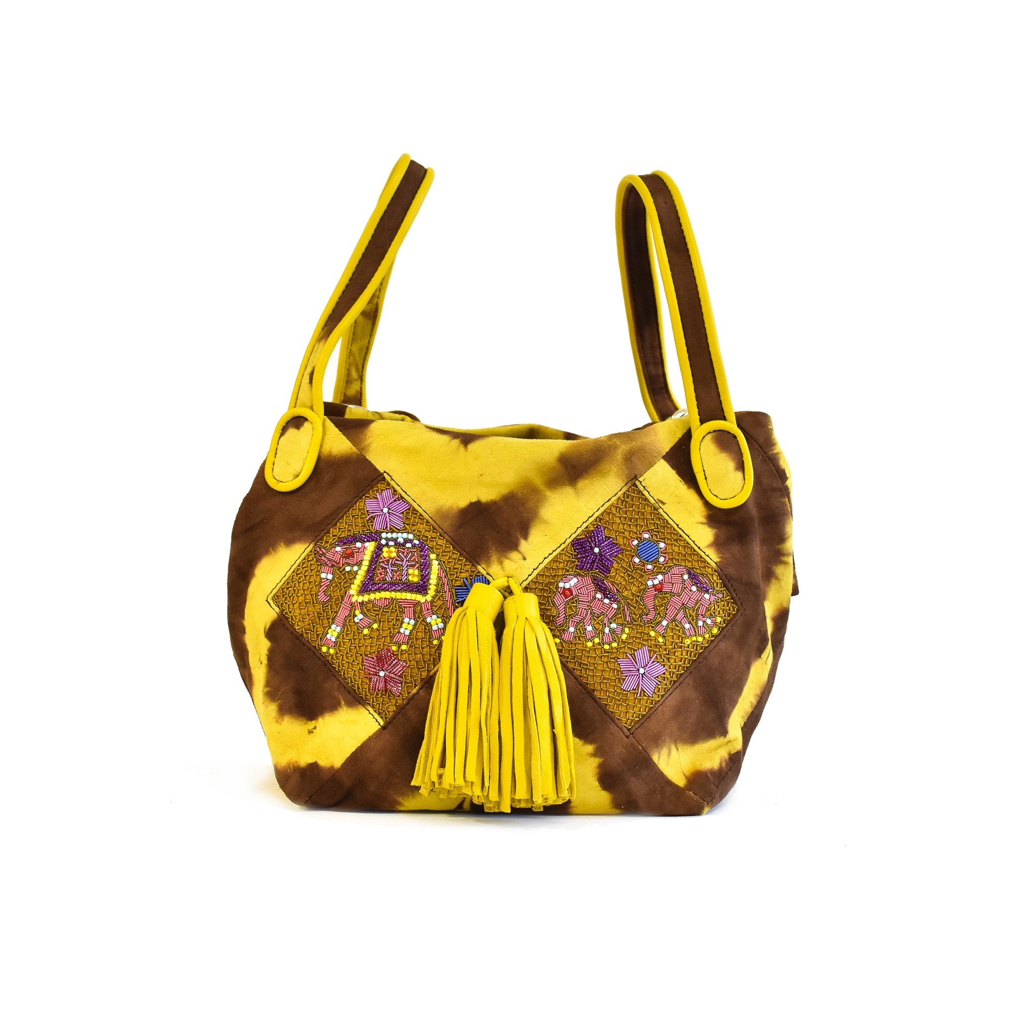 Embroidered leather Bunny Bag in brown and yellow tie-dye with elephant motif