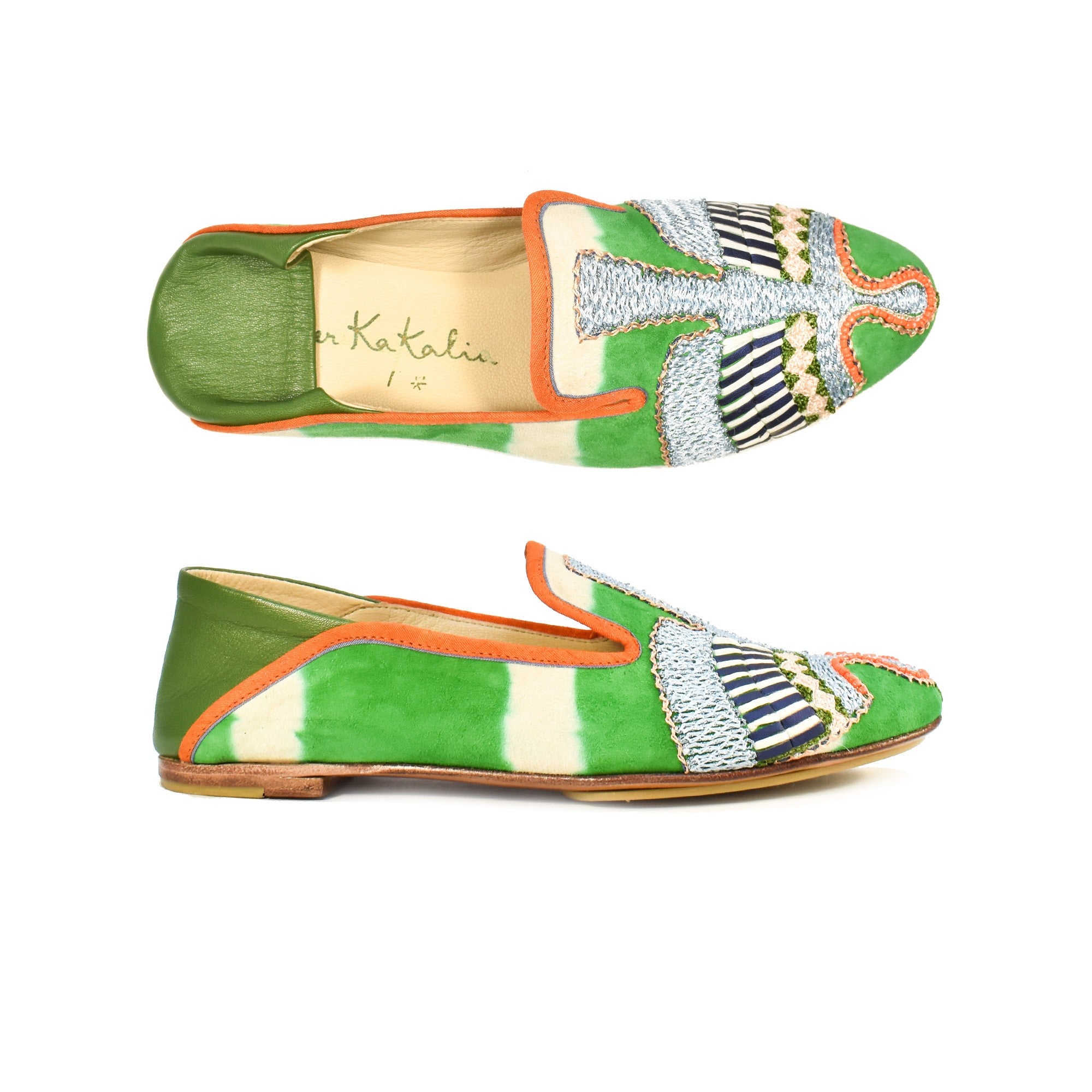 Luxurious eco-friendly moccasins in green tie-dye suede, handmade with unique embroidery. Perfect for summer and holiday wear.