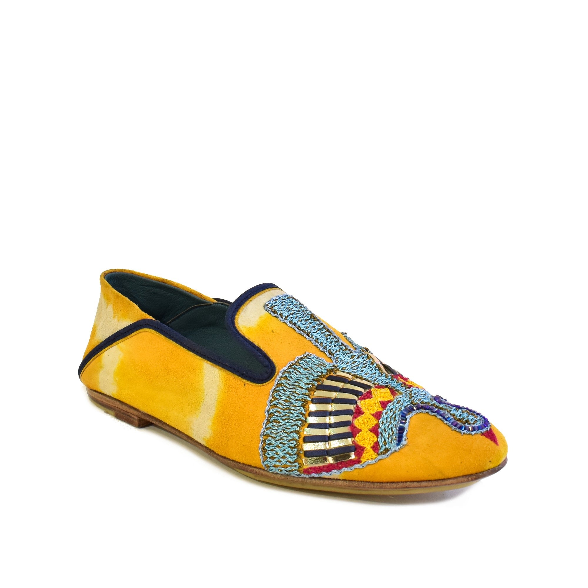 Women’s embroidered moccasin flat in saffron suede with turquoise threadwork, metallic Mukesh, and red accents