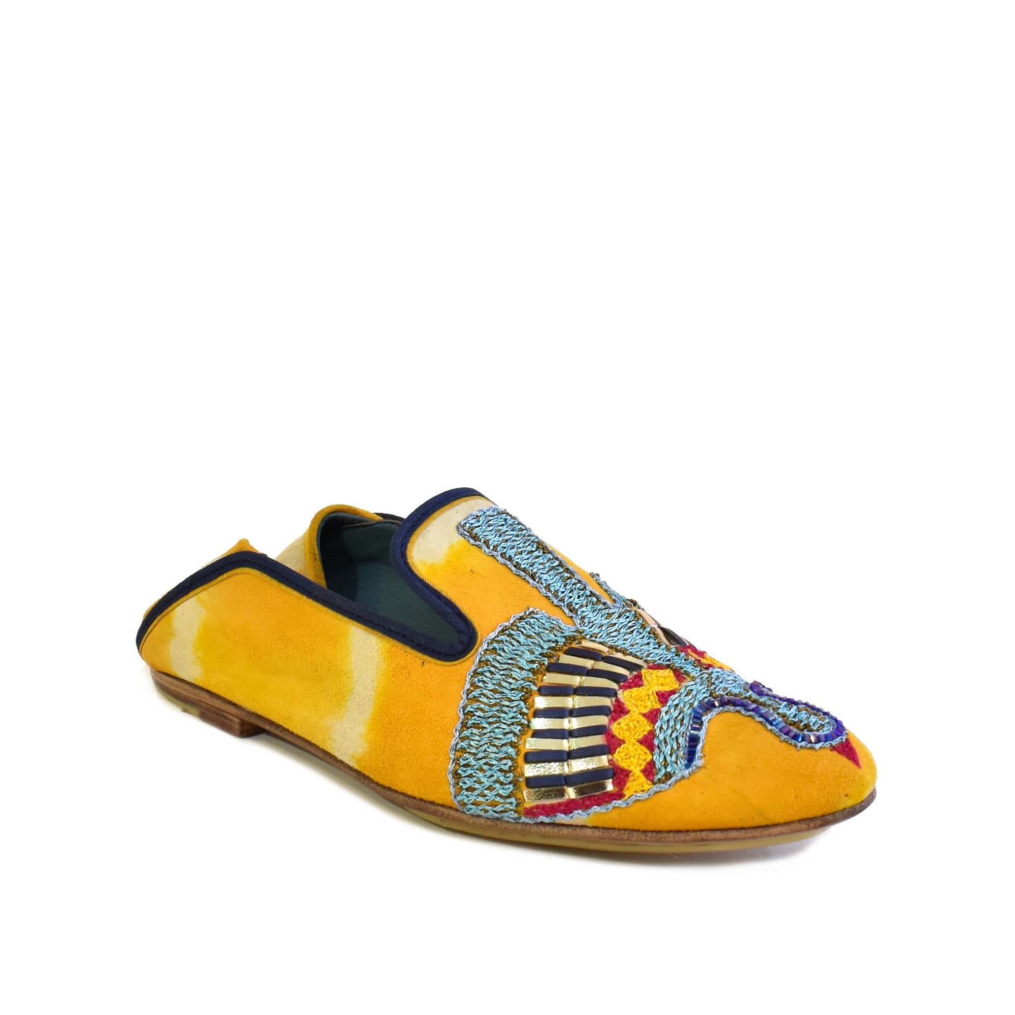 Women’s embroidered moccasin flat in saffron suede with turquoise threadwork, metallic Mukesh, and red accents