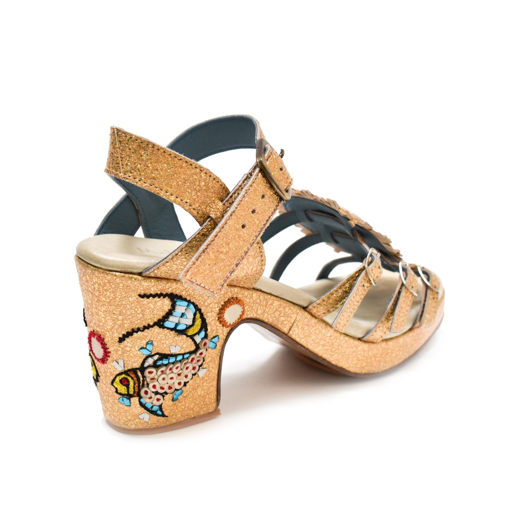 APO GOLD HOPPER splash gold – side view showing embroidered fish motif and slim gold straps