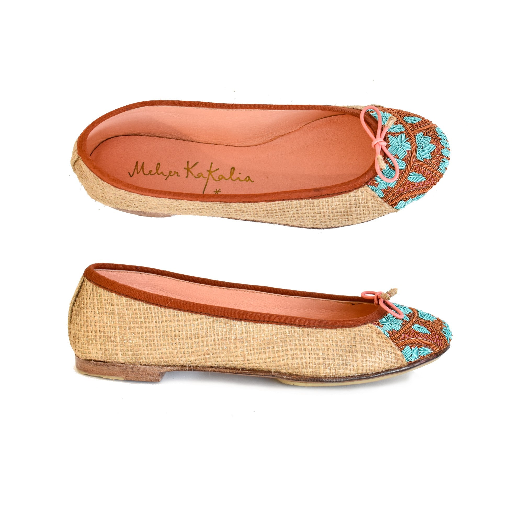 Meher Kakalia BIZI Ballet Flats in Natural Jute with Blue and Brown Hand Embroidered Toe Cap, Luxurious Resort Footwear