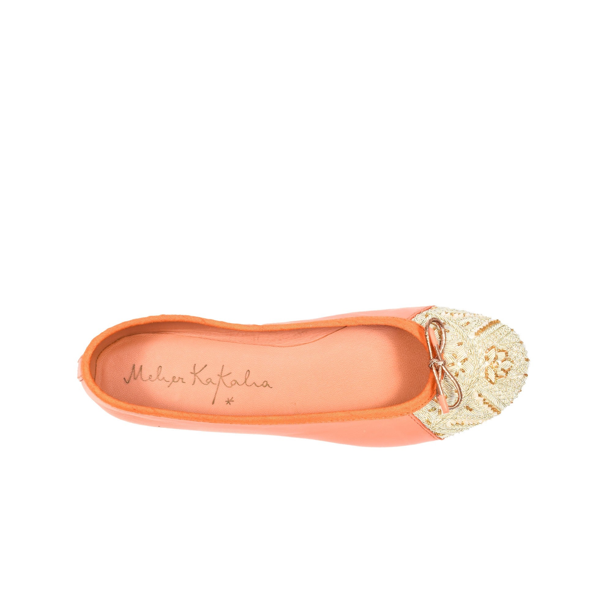 Eco-friendly Meher Kakalia Ballet flats in coral, designed with delicate embroidery for a luxurious and comfortable fit.