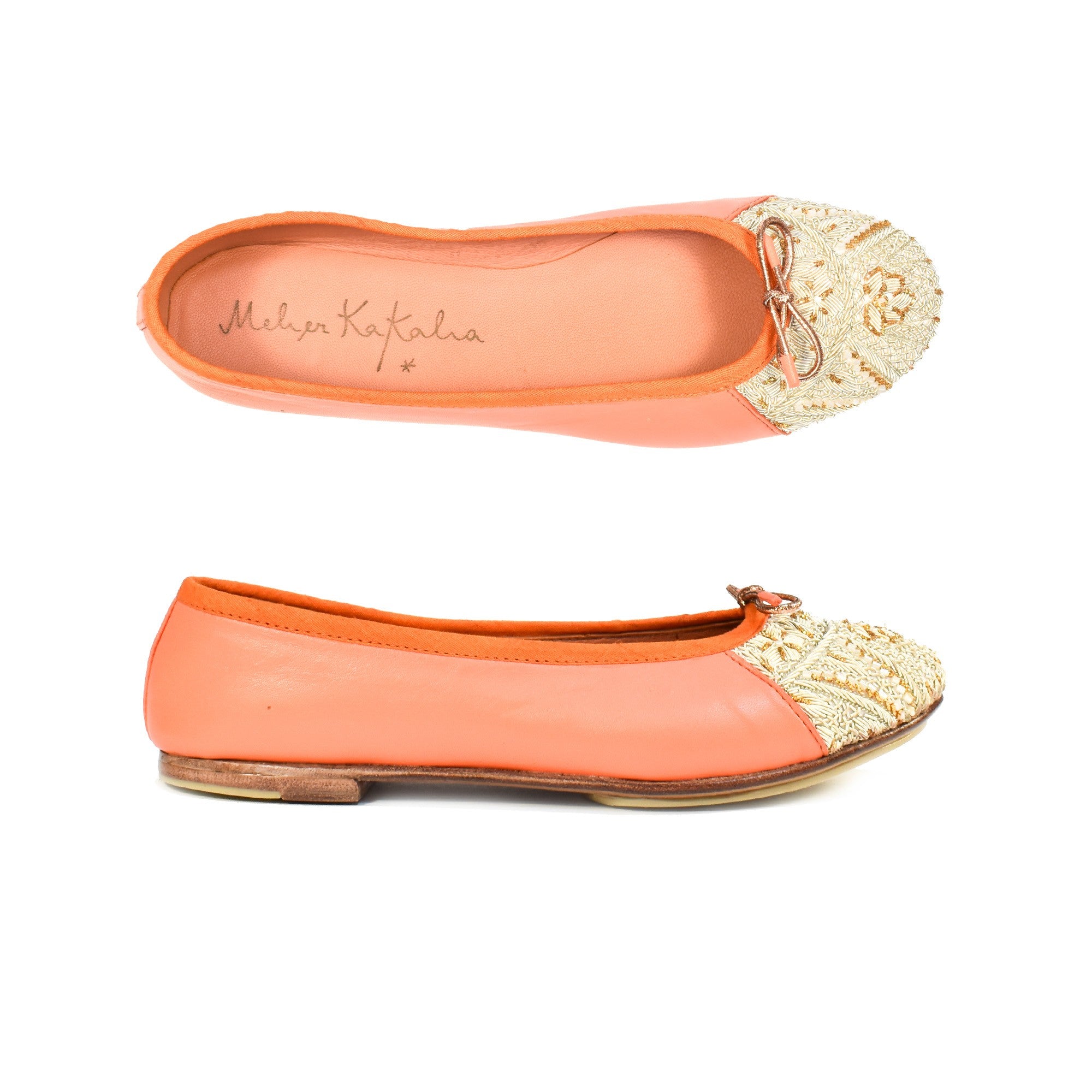 Hand-embroidered PRIMA Ballerinas in coral, made with eco-friendly nappa leather, perfect for a summer wardrobe.