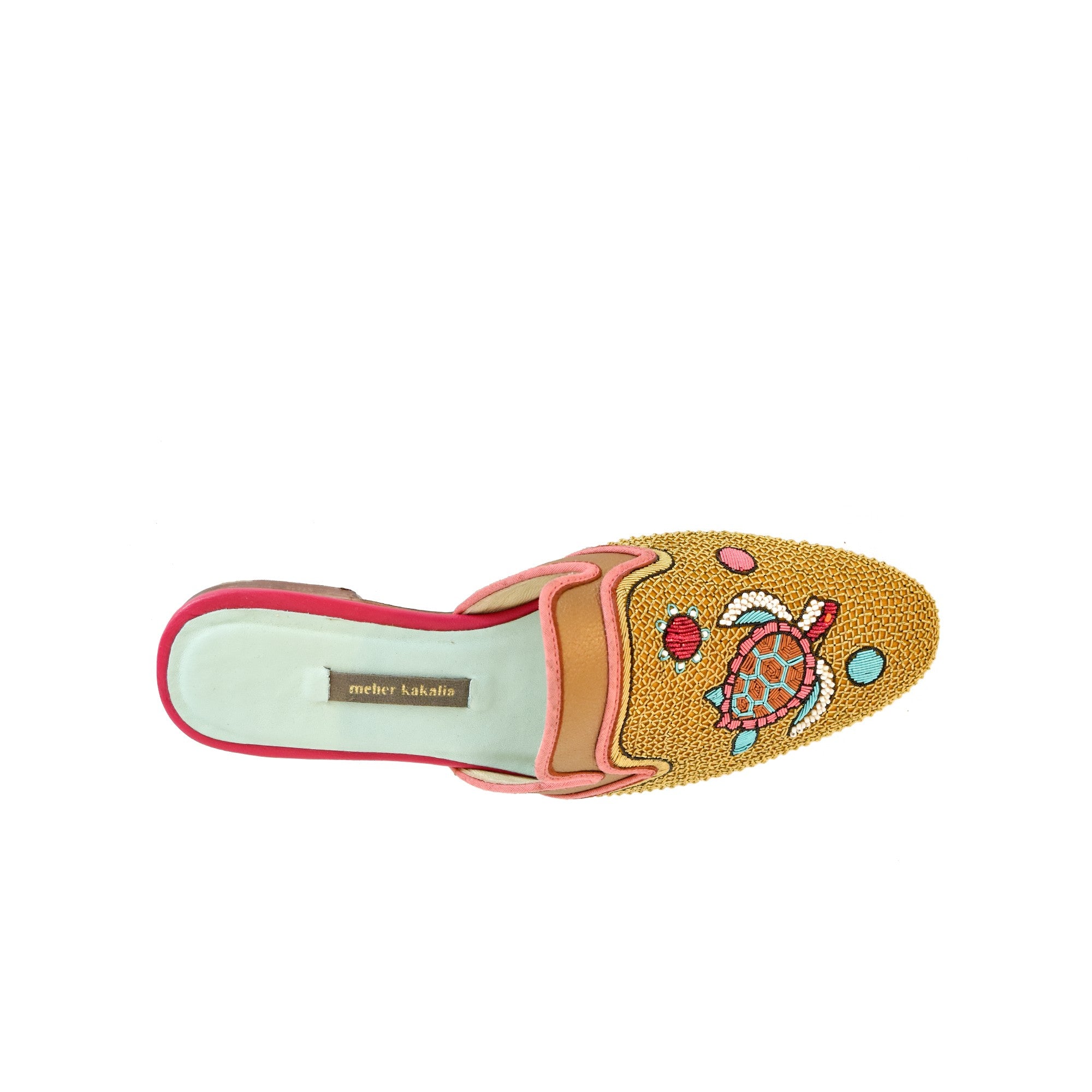 Darwin Slippers by Meher Kakalia, hand embroidered with eco leather and turtle design. Elegant, sustainable resort slides.