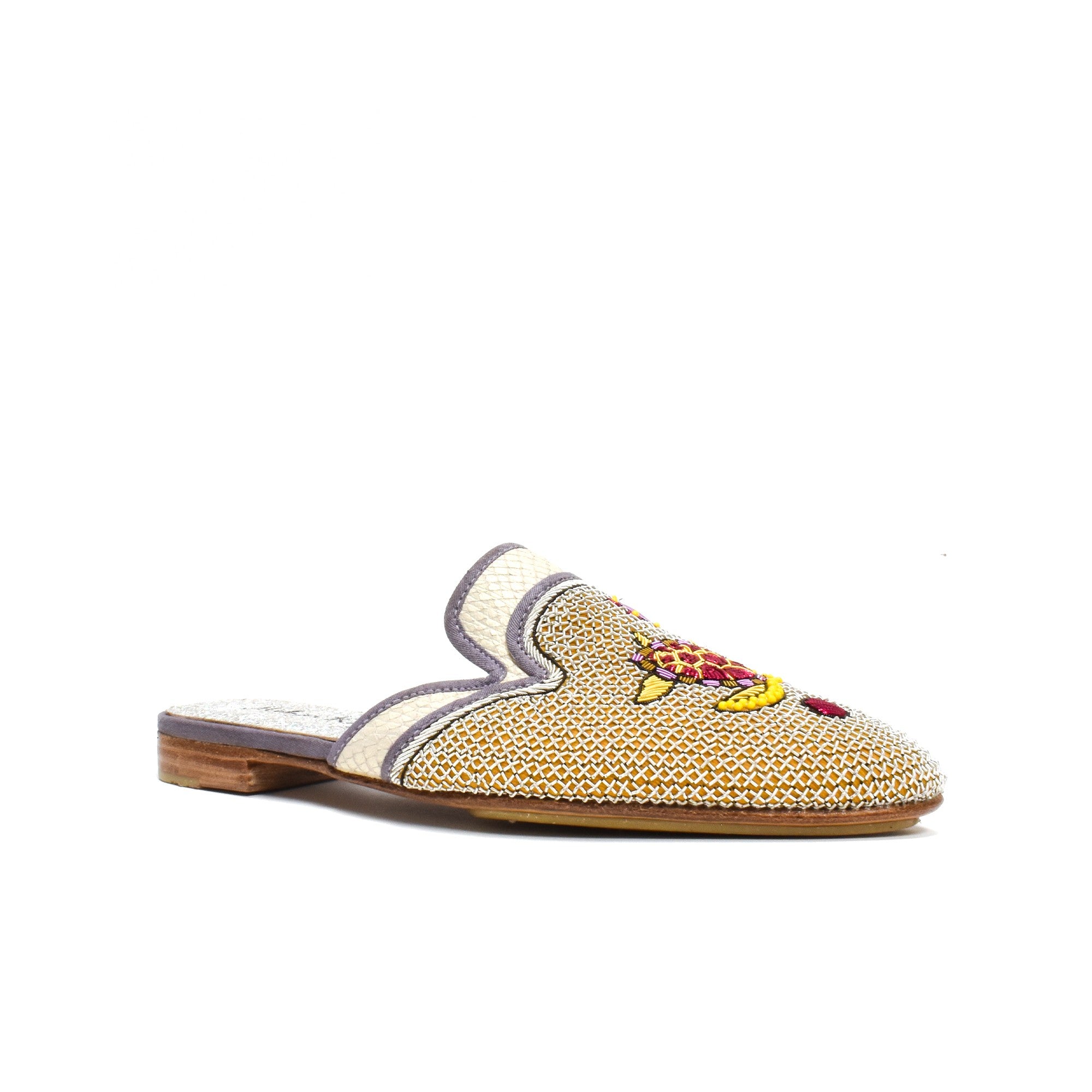 Meher Kakalia Darwin Slippers in elegant beige, featuring hand-embroidered turtle accents for a unique, eco-conscious look.