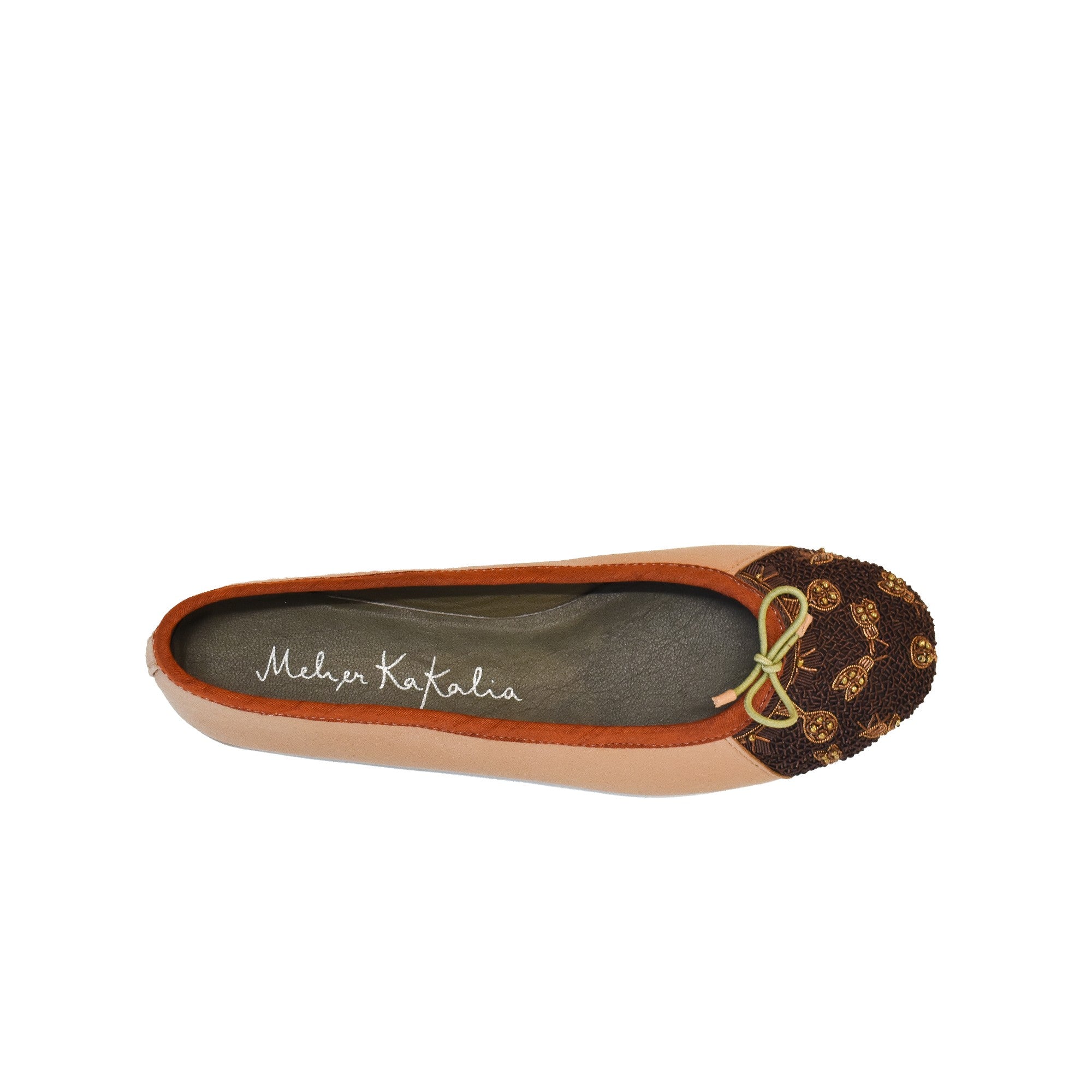 Camel tone leather ballerina in Classic silhouette with bronze motif and hand embroidered toe