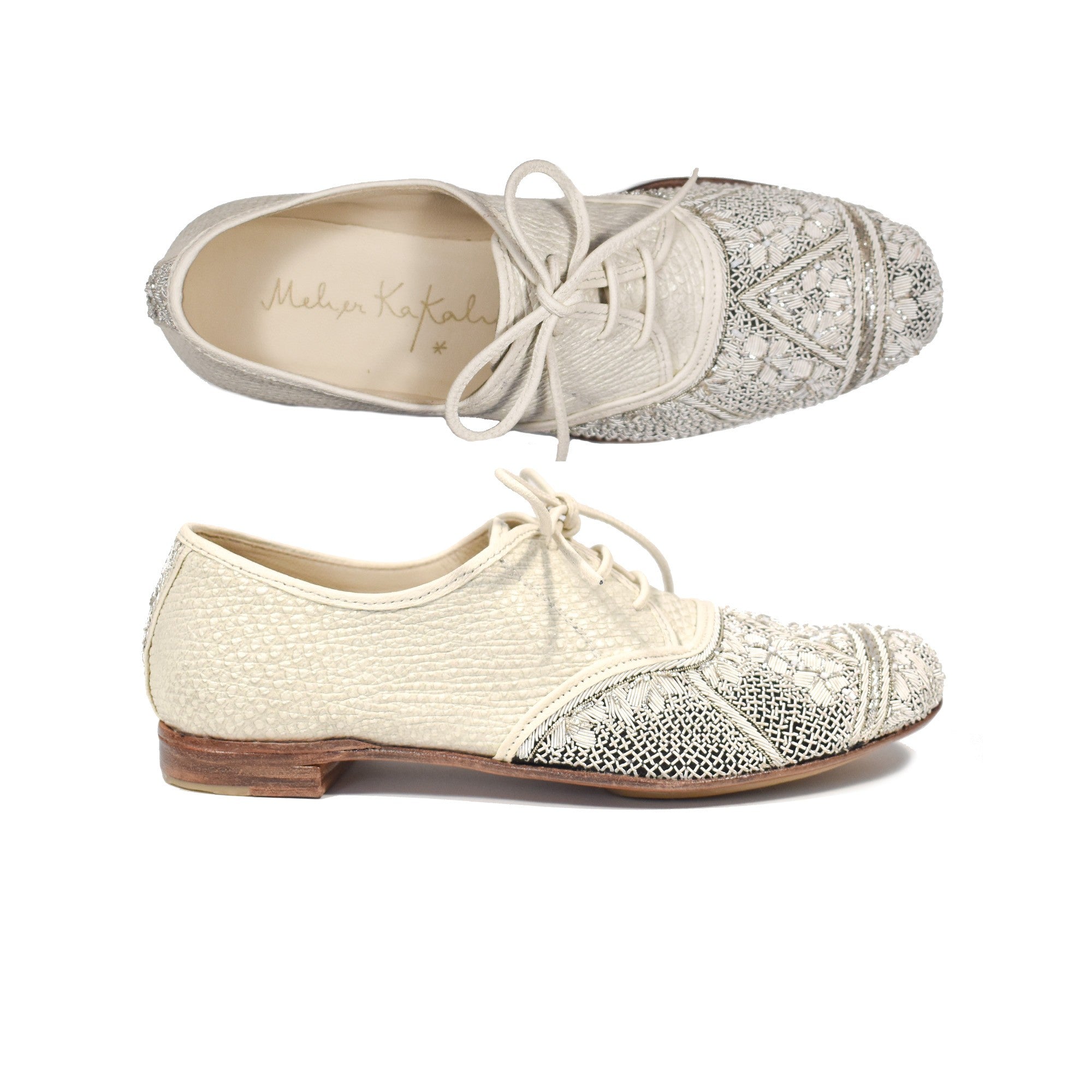 Handcrafted oxford shoes by Meher Kakalia with dapka embroidery and lace, perfect for bridal flats and special occasions.