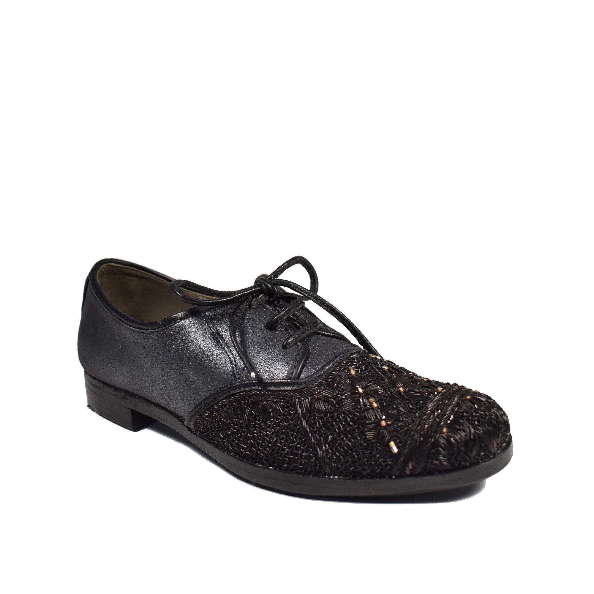 Meher Kakalia black brogues with gold-black beading detail