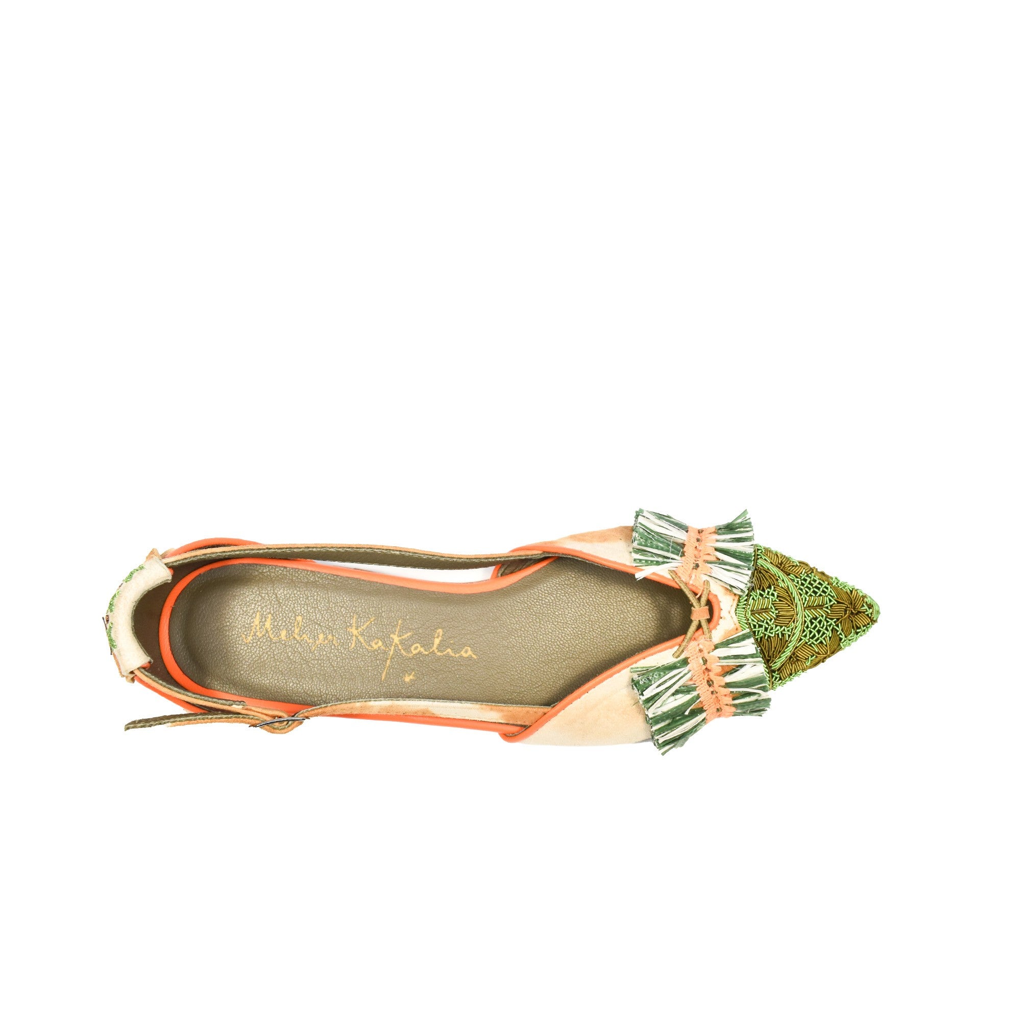 Greta Slingback in khaki, hand embroidered with dapka metal coils and eco Raffia. Sustainable, comfortable, and chic.