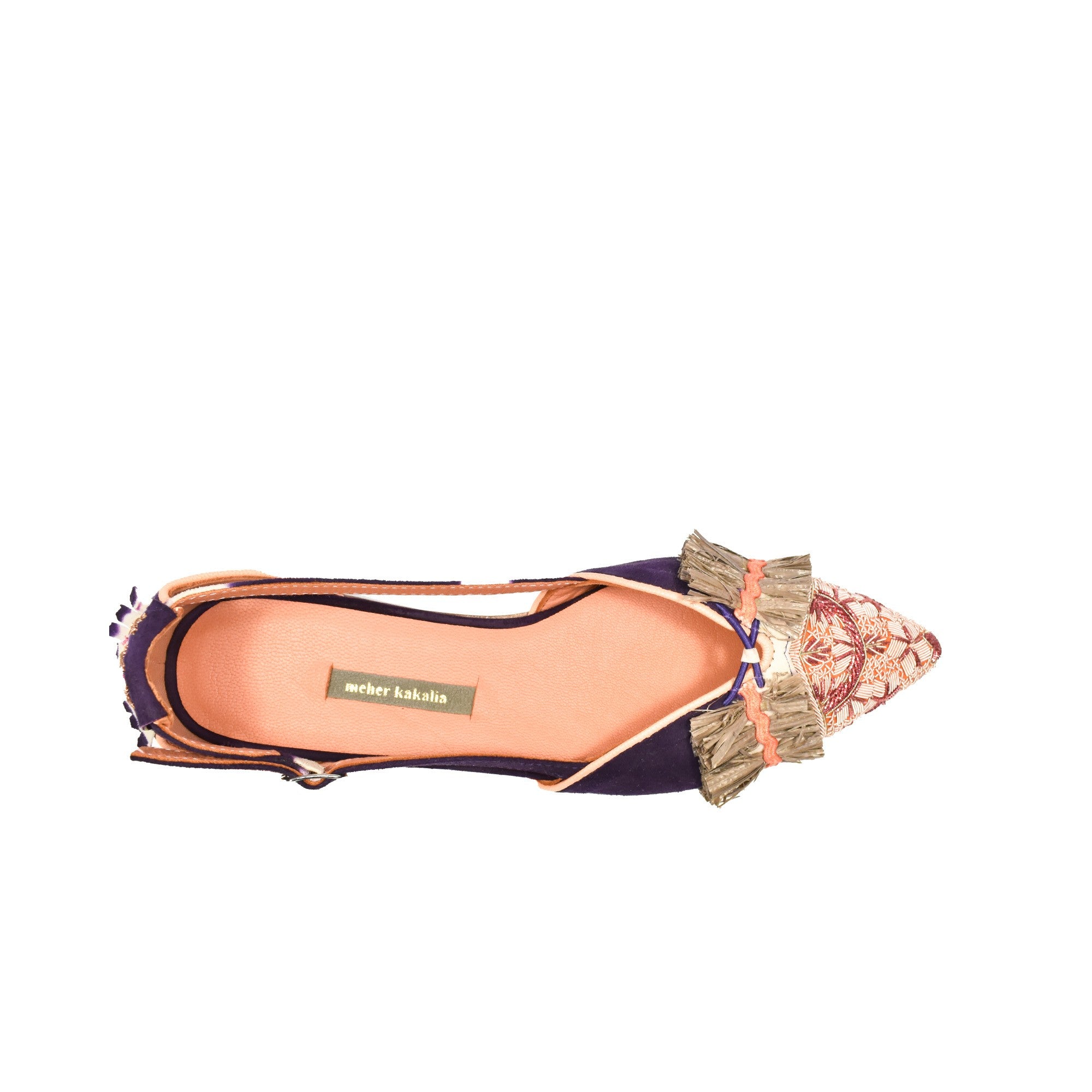 Meher Kakalia slingback flats with pointed toe, hand-embroidered dapka and eco Raffia. A stylish addition to your wardrobe.
