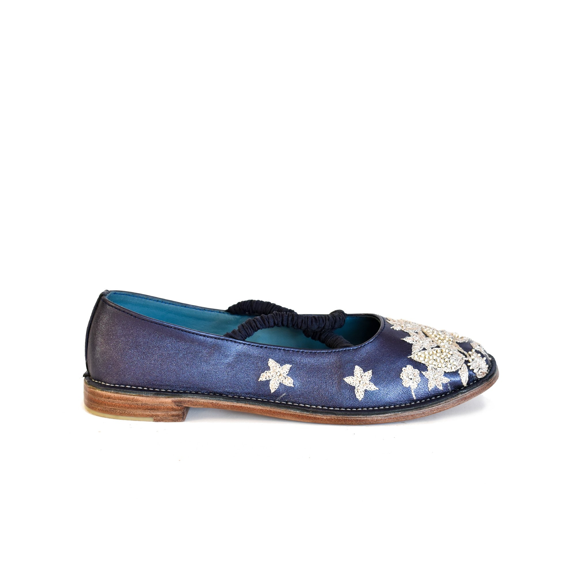 JULIETTA FLAT Sonic Sapphire, luxury handmade ballet flats with embroidered details and soft leather.