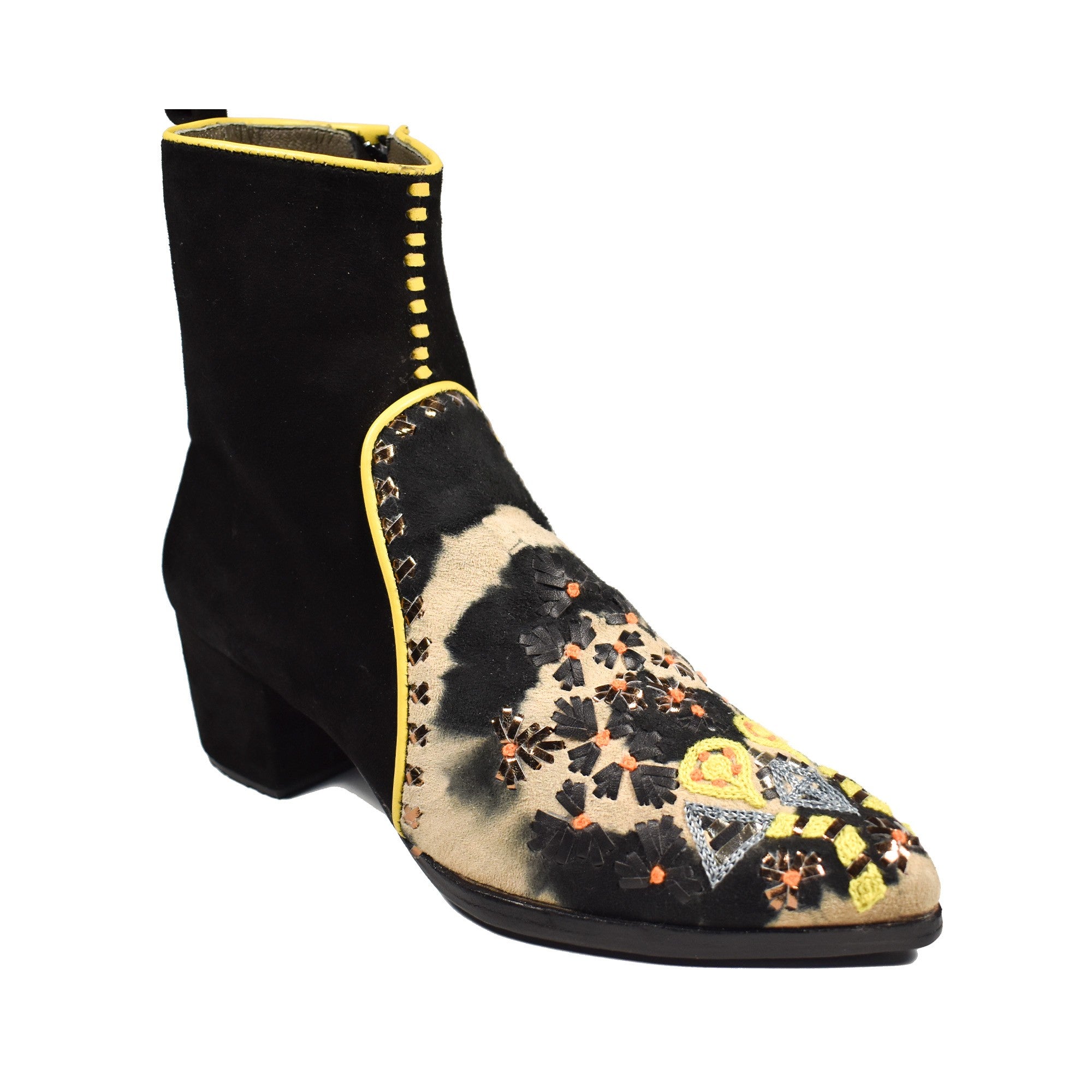 Front view of embroidered pointed-toe Mani Point Heel in black and beige suede with yellow accents