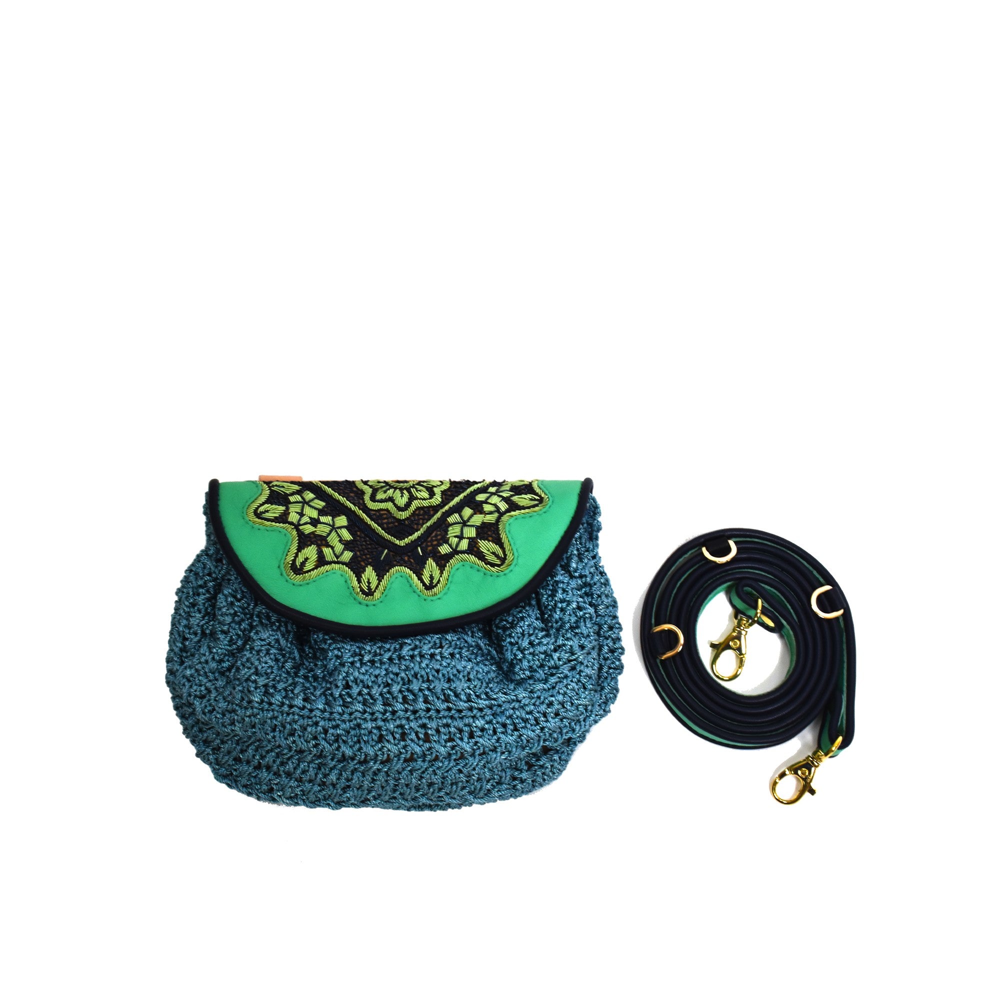 Meher Kakalia Mini Accordion Bag in Kelly Green with blue crochet pouch, hand-embroidered details, and adjustable strap.