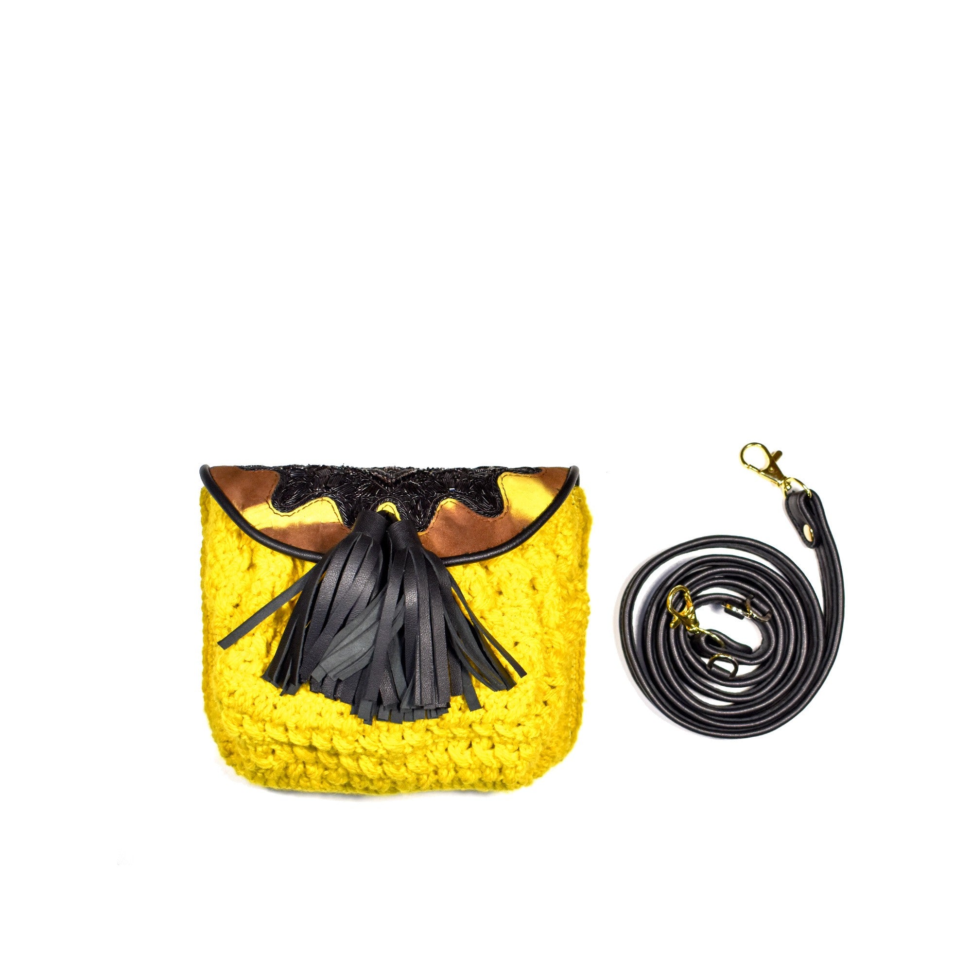 Meher Kakalia yellow mini bag in hand-crocheted wool with leather tassels and strap