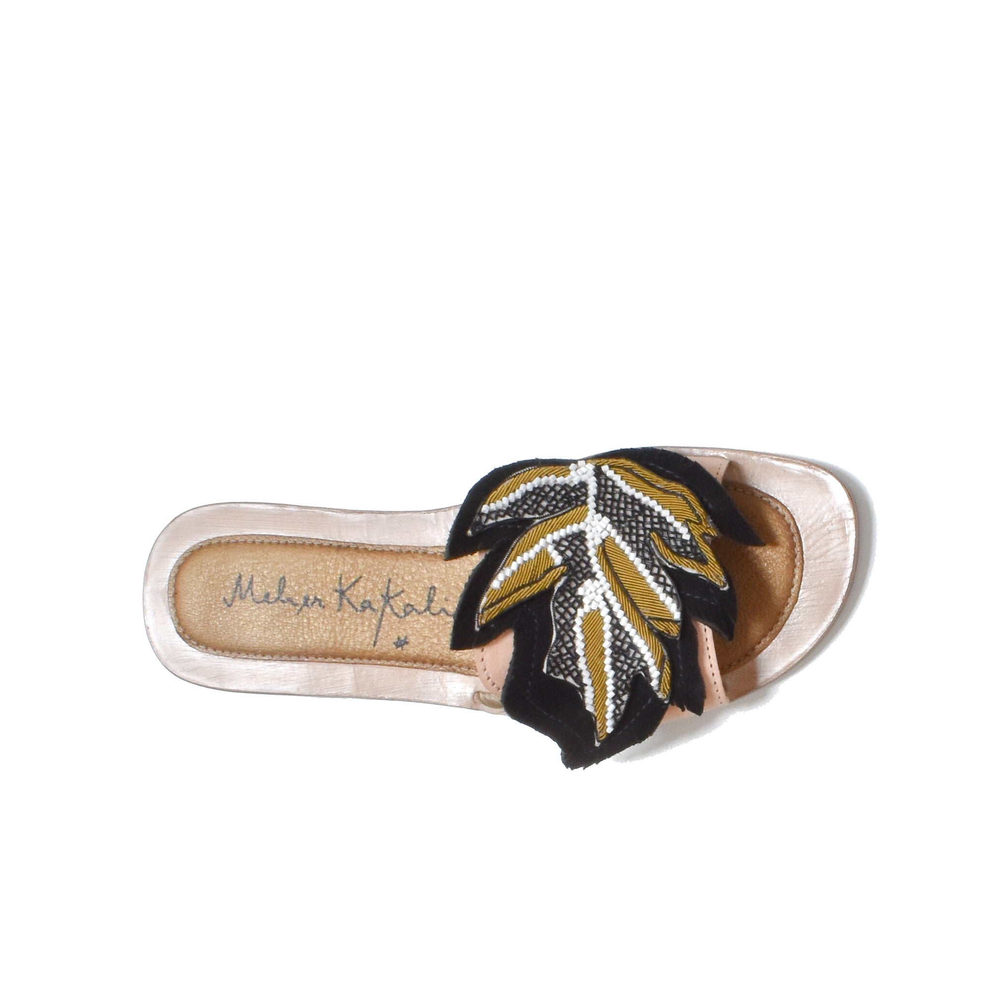 Top-down view of Palm Gobi Slide, showcasing the detailed palm leaf embroidery and artisanal craftsmanship.