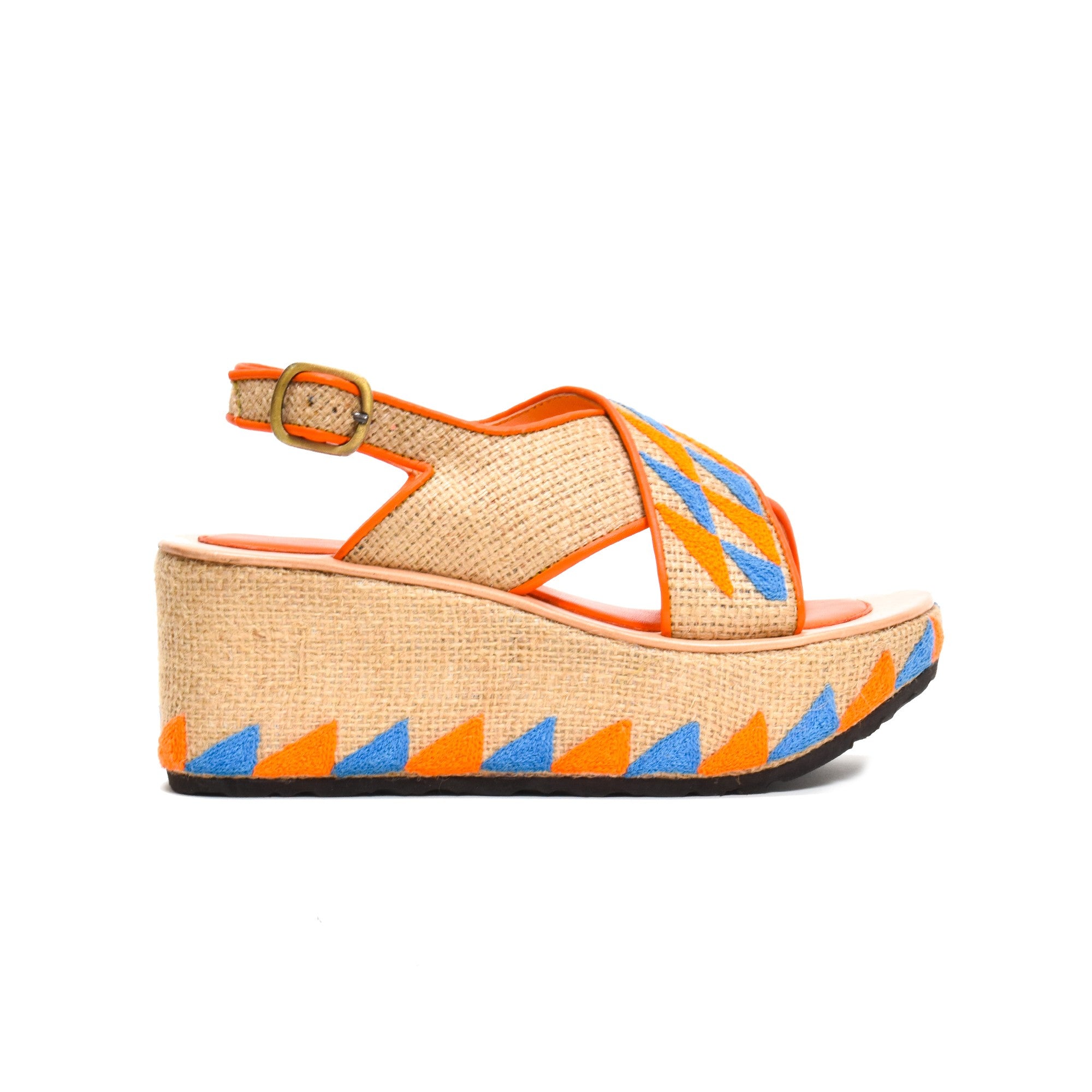 Meher Kakalia Ponza Geo Bloc wedge sandals, featuring a recycled jute upper with orange and blue geometric embroidery.