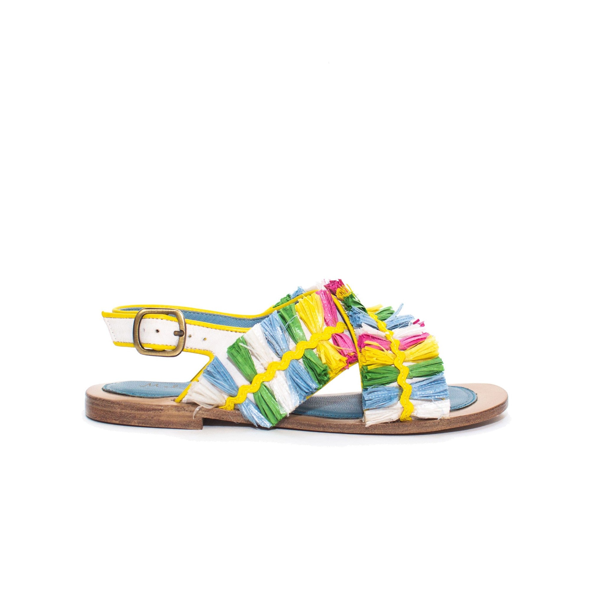 Meher Kakalia rainbow sandals styled for a vibrant summer or LGBTQ+ celebration.