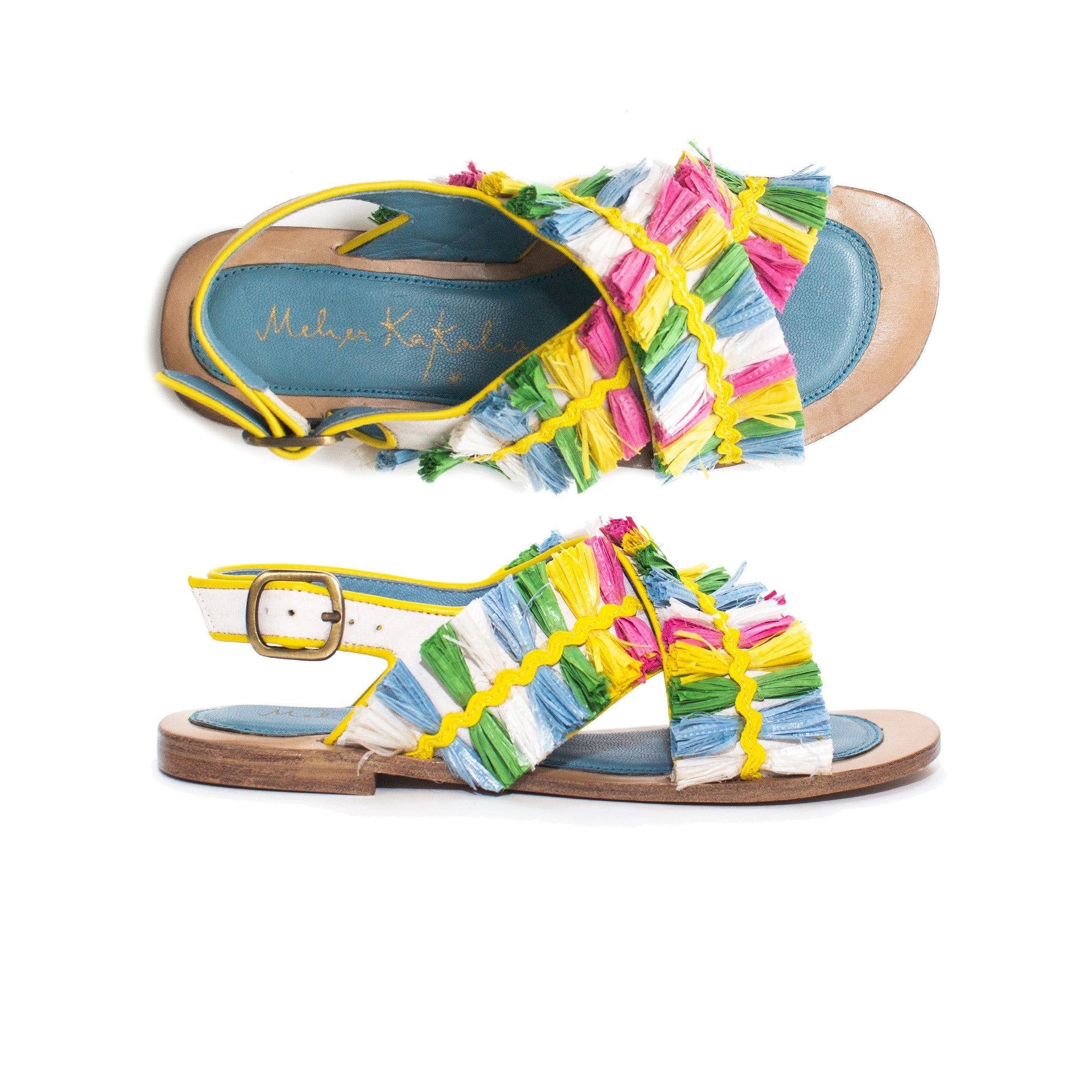 Rainbow raffia flat sandals in white leather, handcrafted for summer and pride.