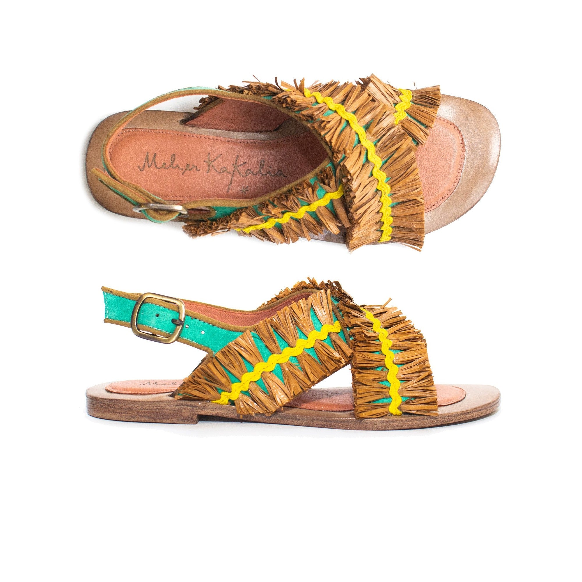 Flat sandals in turquoise suede with brown raffia and yellow zig-zag embroidery.