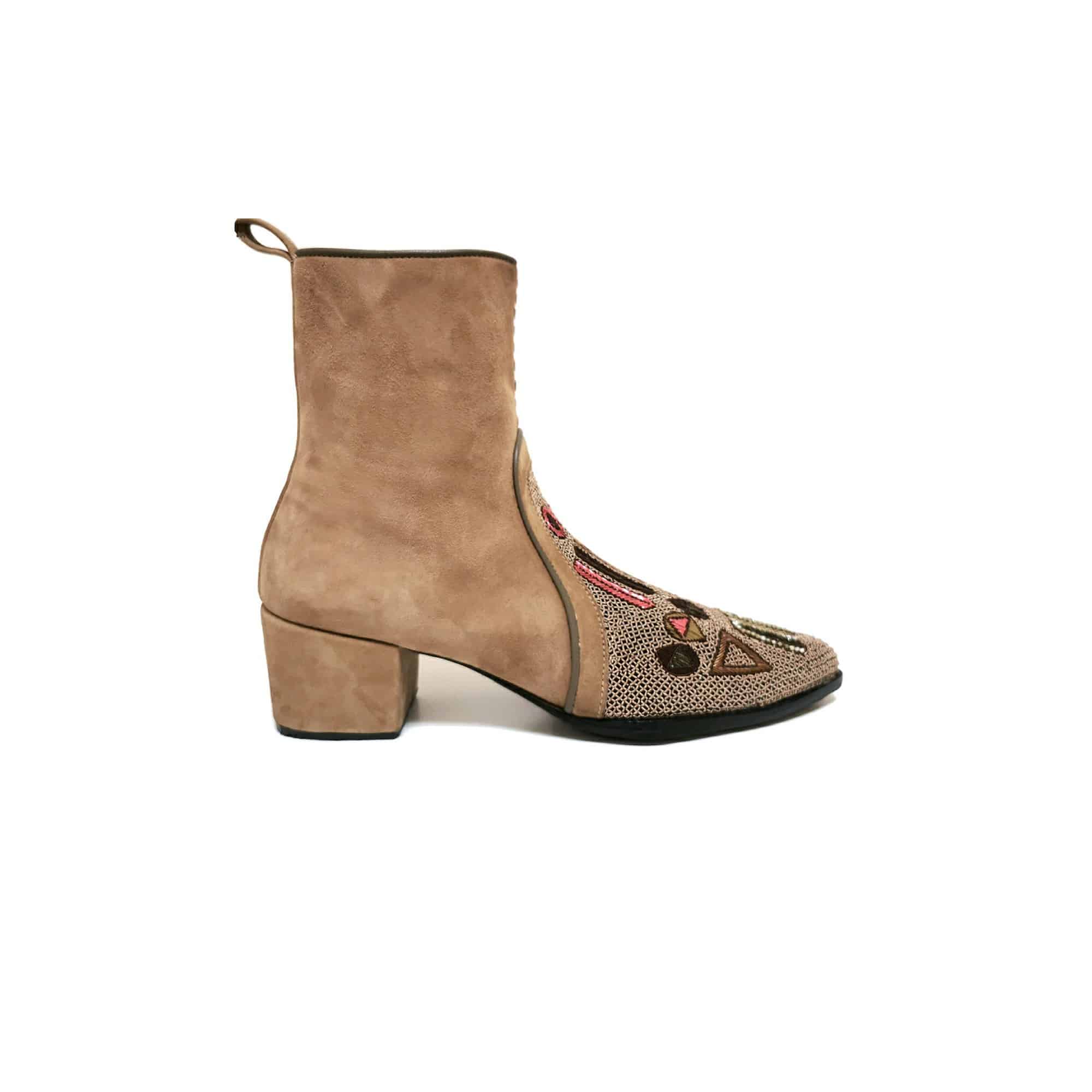 Suede spice ankle boot with geometric Mughal embroidery and pointed toe