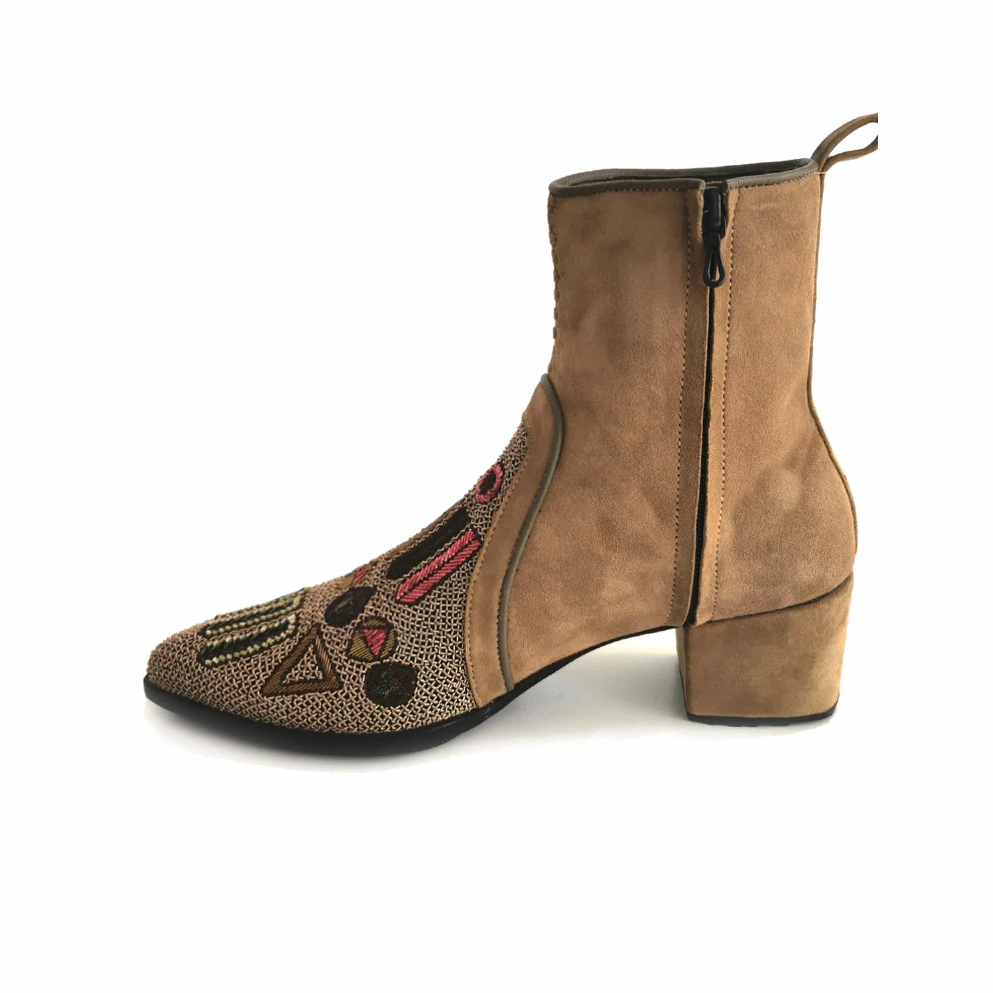 Suede ankle boot with side zip and geometric embroidered front panel