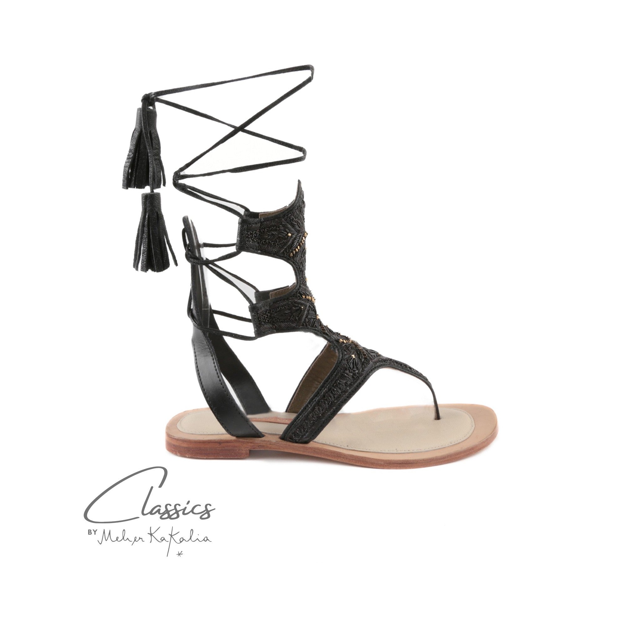 Luxury embroidered Meher Kakalia sandals, sustainable and stylish for special occasions.