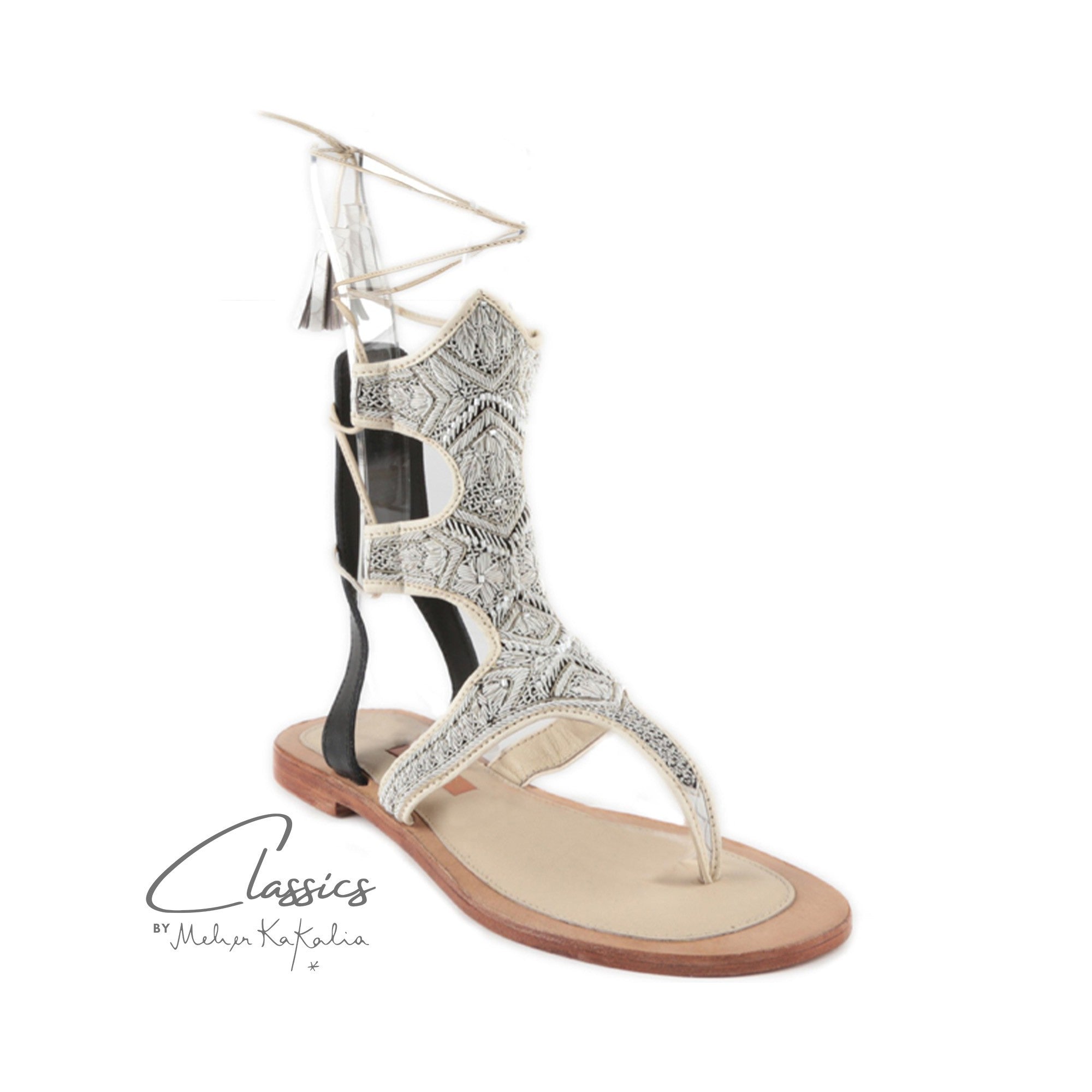 Cleo Sandal by Meher Kakalia, handmade with white dapka embroidery on eco-friendly leather. Perfect for resort and wedding wear.