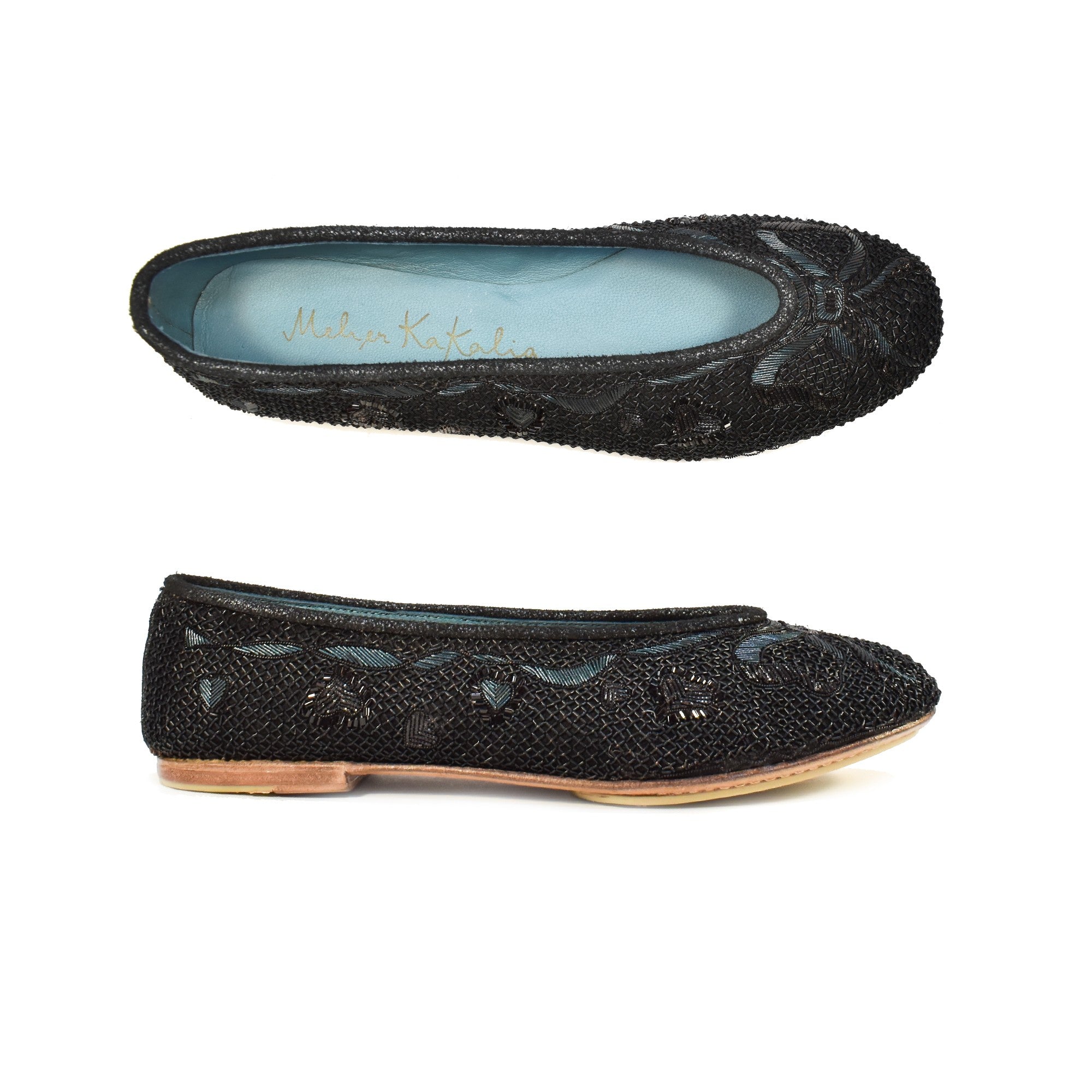 Black embroidered flats with metallic coil threadwork, designed for formal and elegant occasions.
