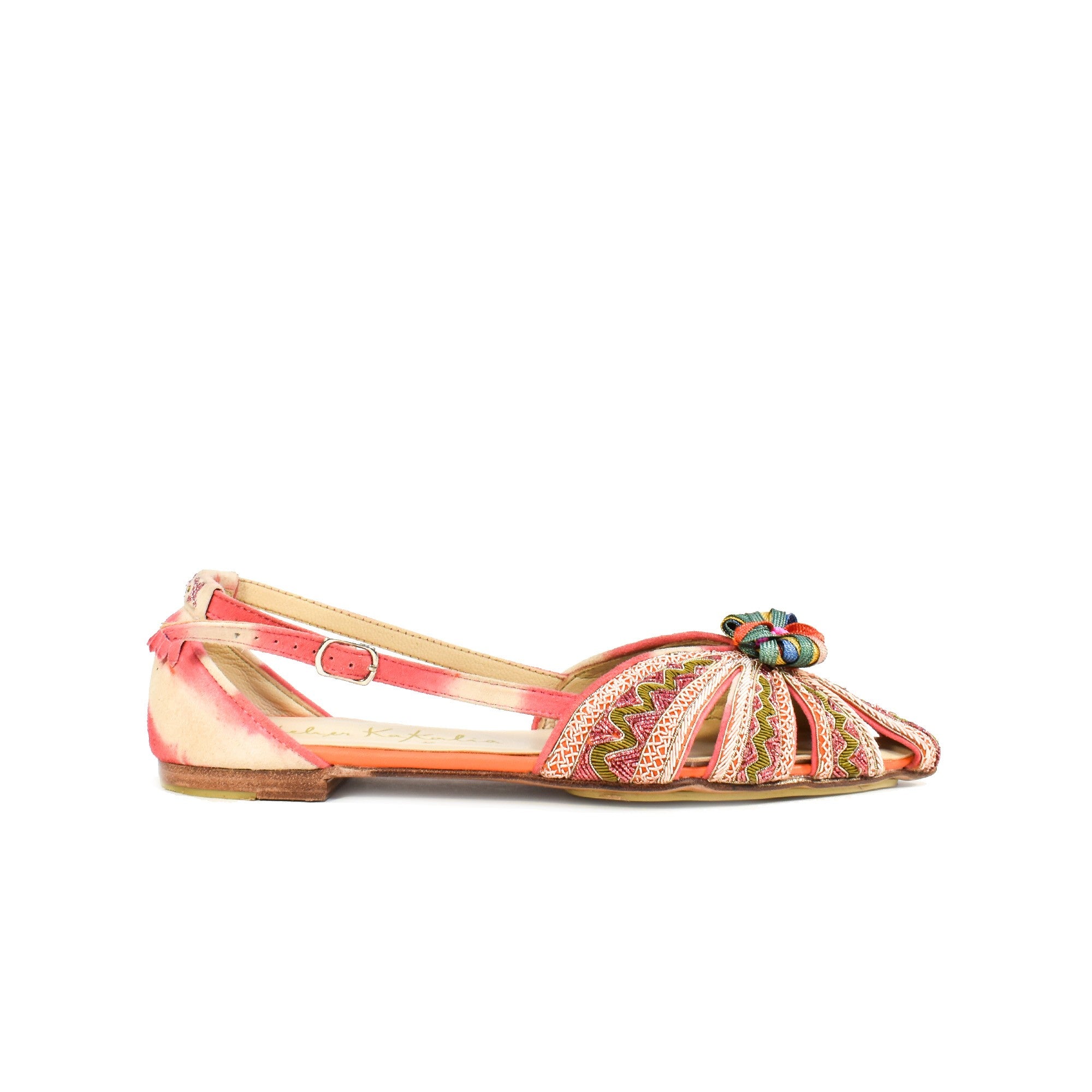 Pink hand-embroidered slingback flats, perfect for weddings, garden parties, or special occasions.