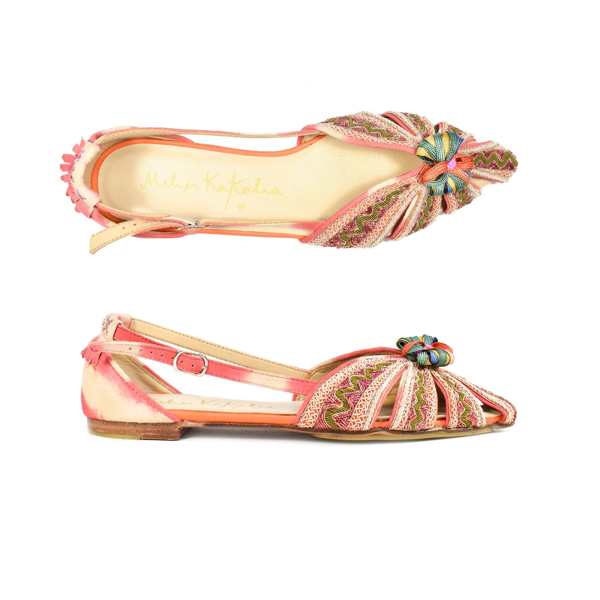 Meher Kakalia pink slingback flat, hand embroidered with coils, perfect for weddings, parties, or elegant events.