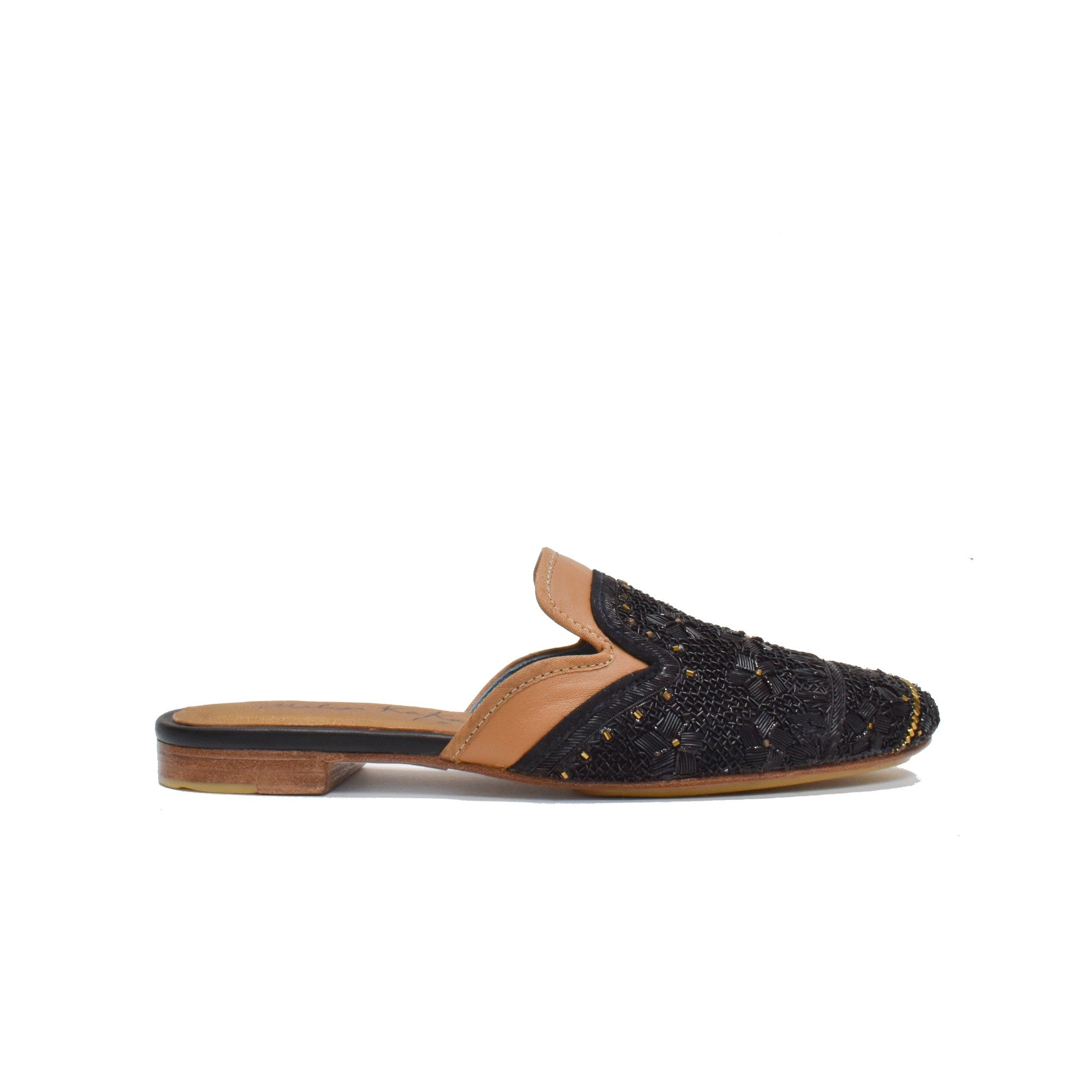 Meher Kakalia leather slippers with black and gold floral embroidery – side view