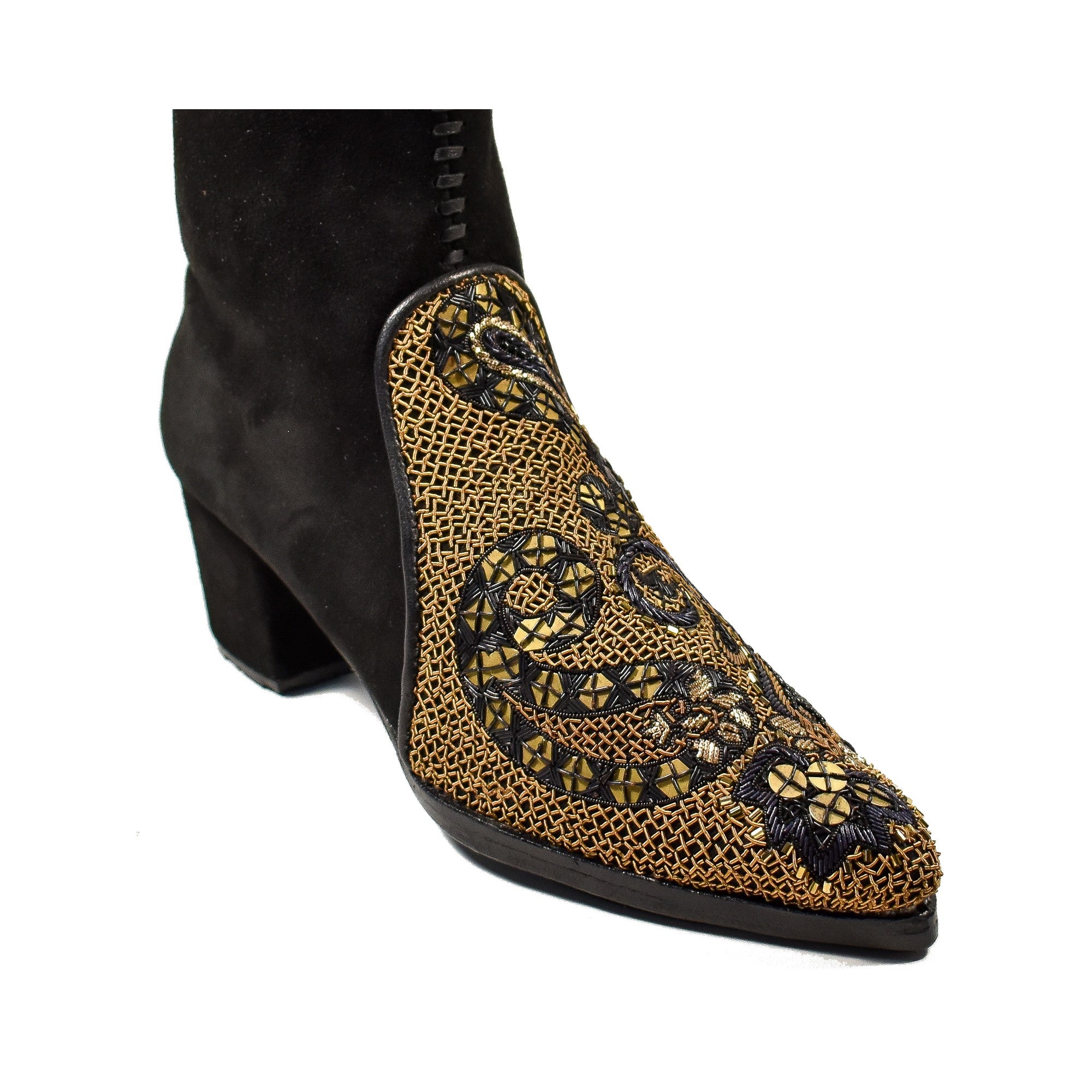 Close-up: black-and-gold paisley embroidery on suede, Queen Phyllis pointed toe