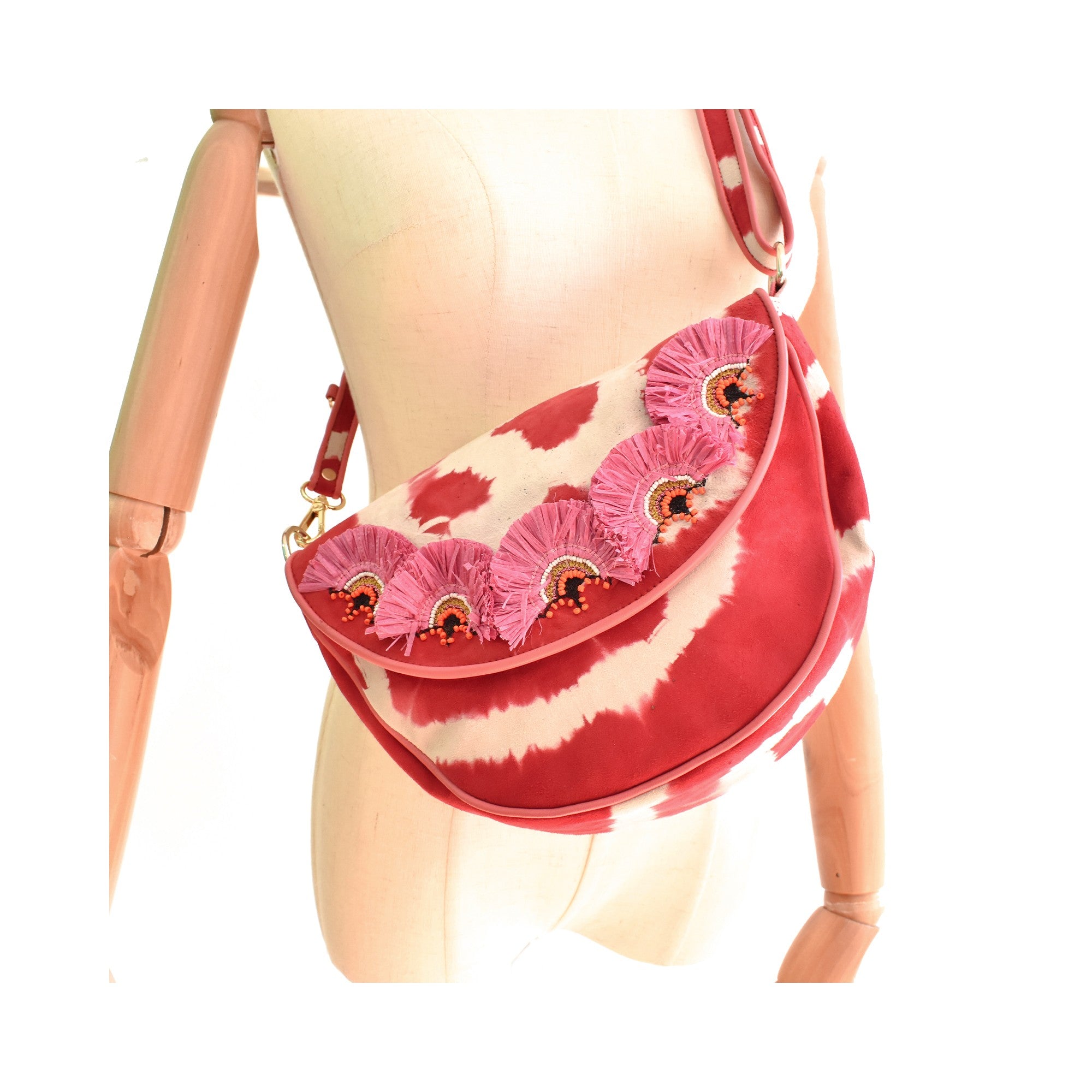 Women’s raspberry tie-dye leather shoulder bag with beadwork
