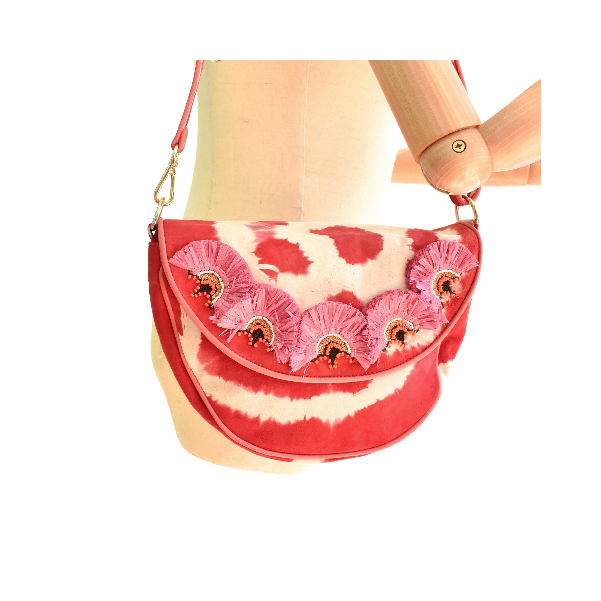Meher Kakalia pink embroidered suede crossbody bag