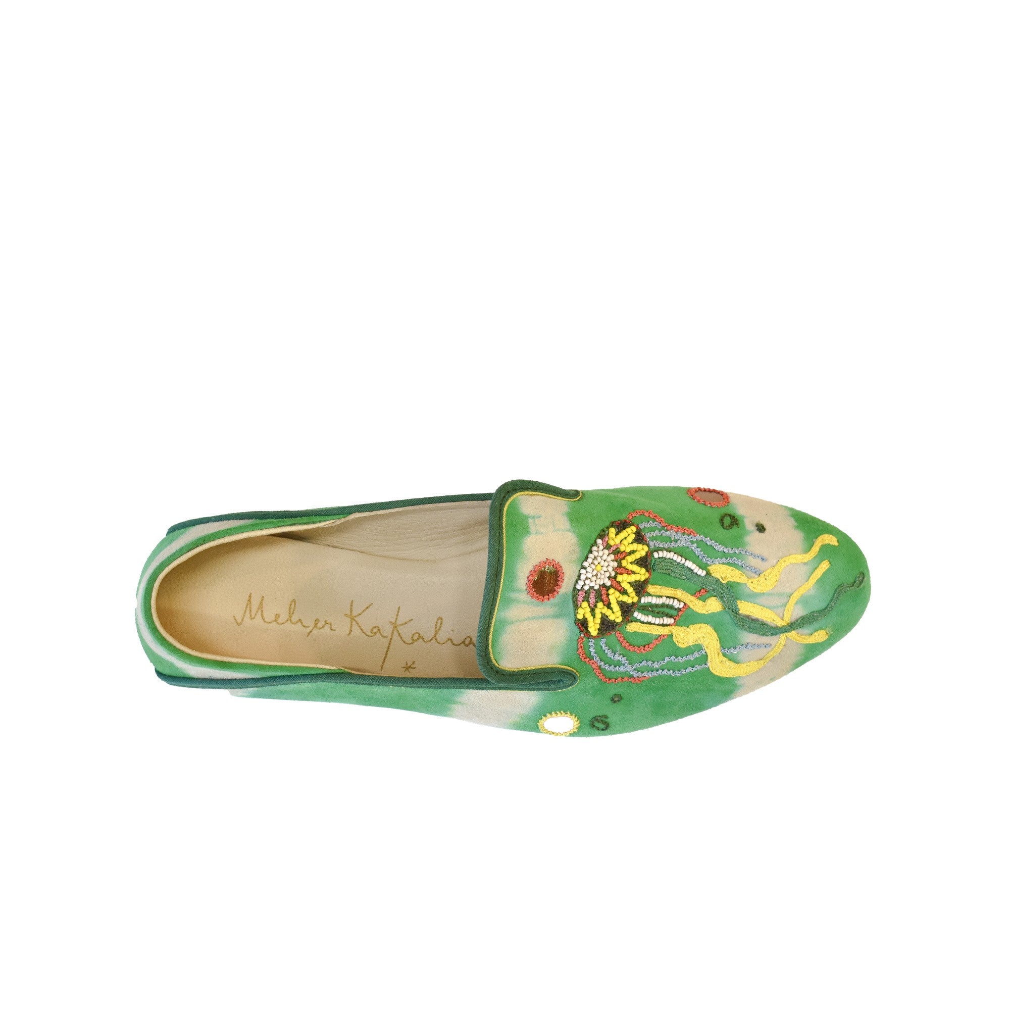 Embroidered green leather moccasins for summer wear