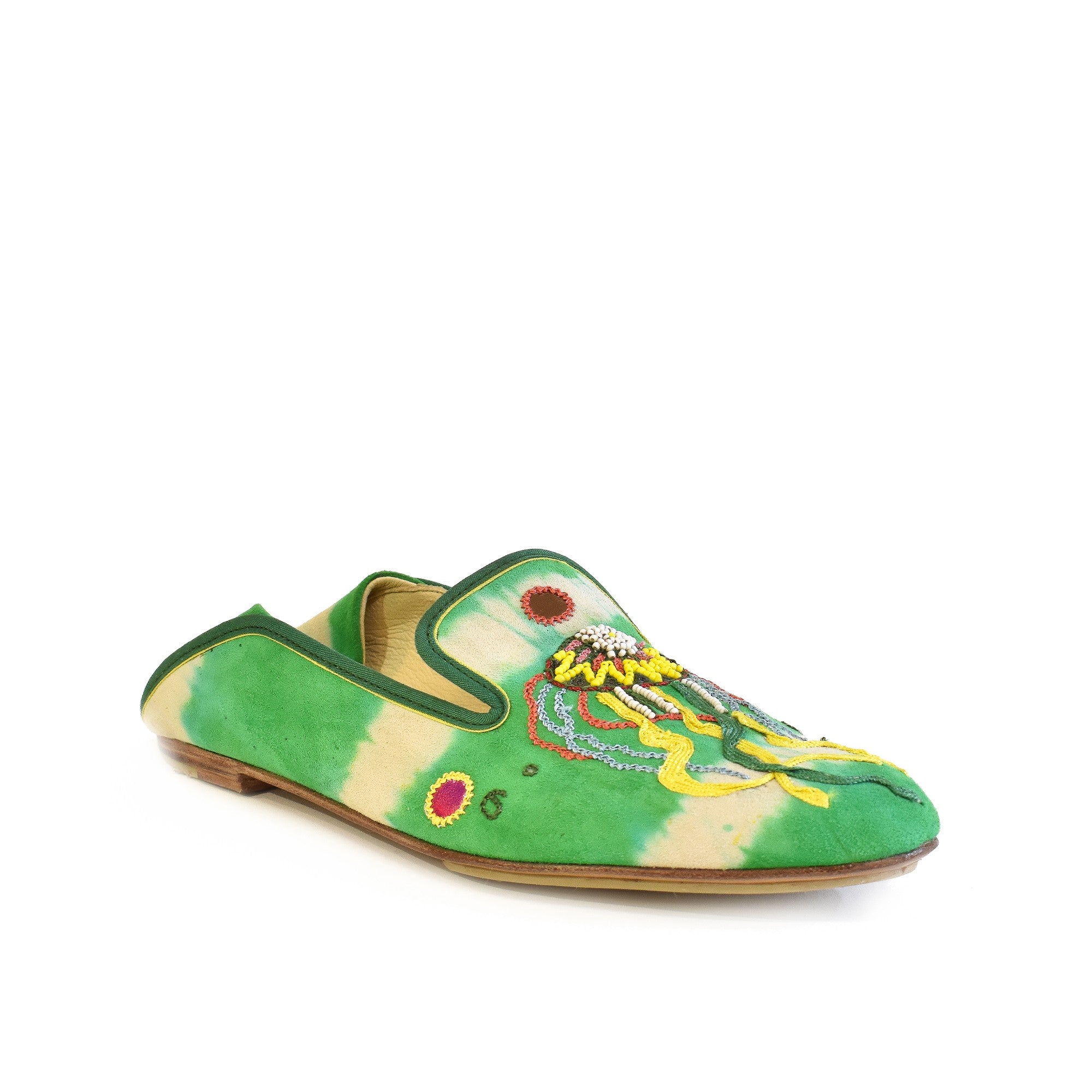 Green moccasins for women with embroidered jellyfish detail